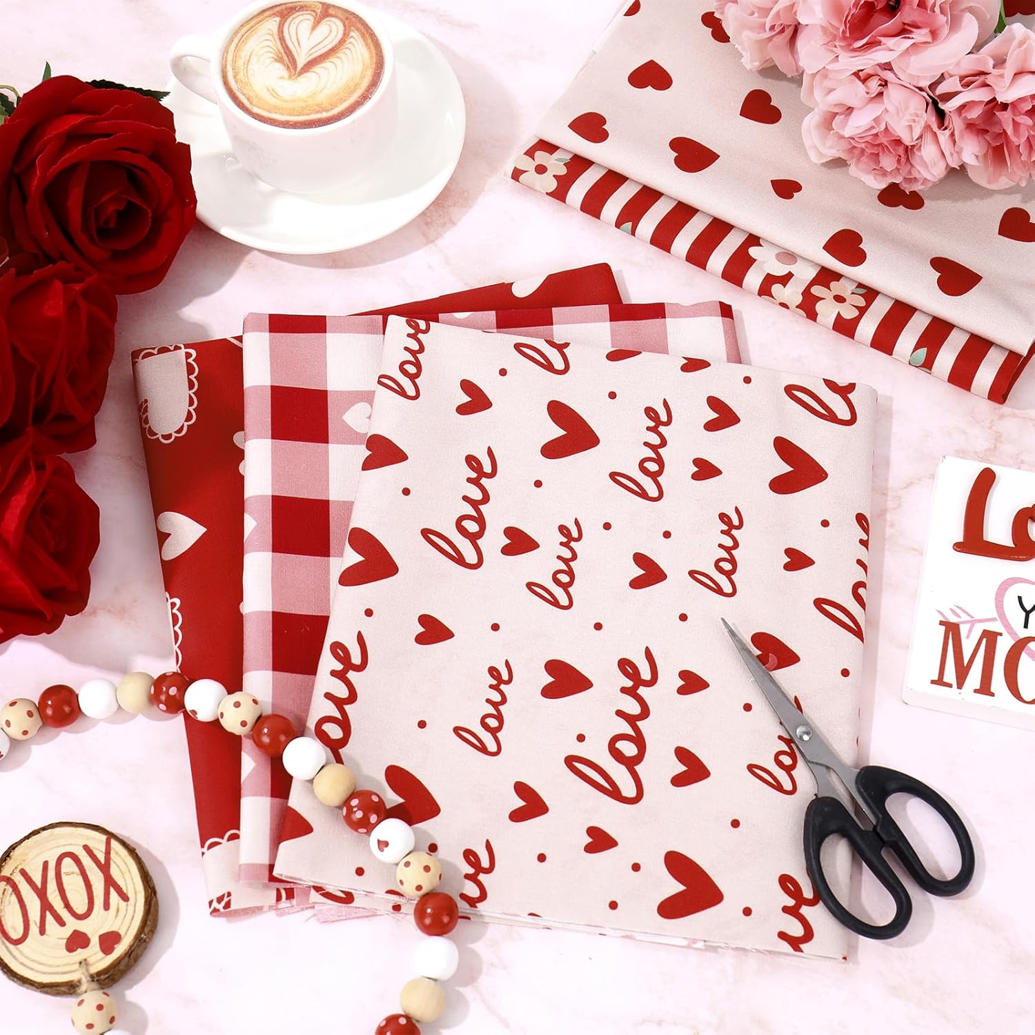FYSUIMU 12Pcs Valentine's Day Cotton Fabric Bundles Fat Quarters Vintage Pink Red Love Heart Rose Quilting Patchwork for DIY Craft Supplies, 18 x 22 Inch