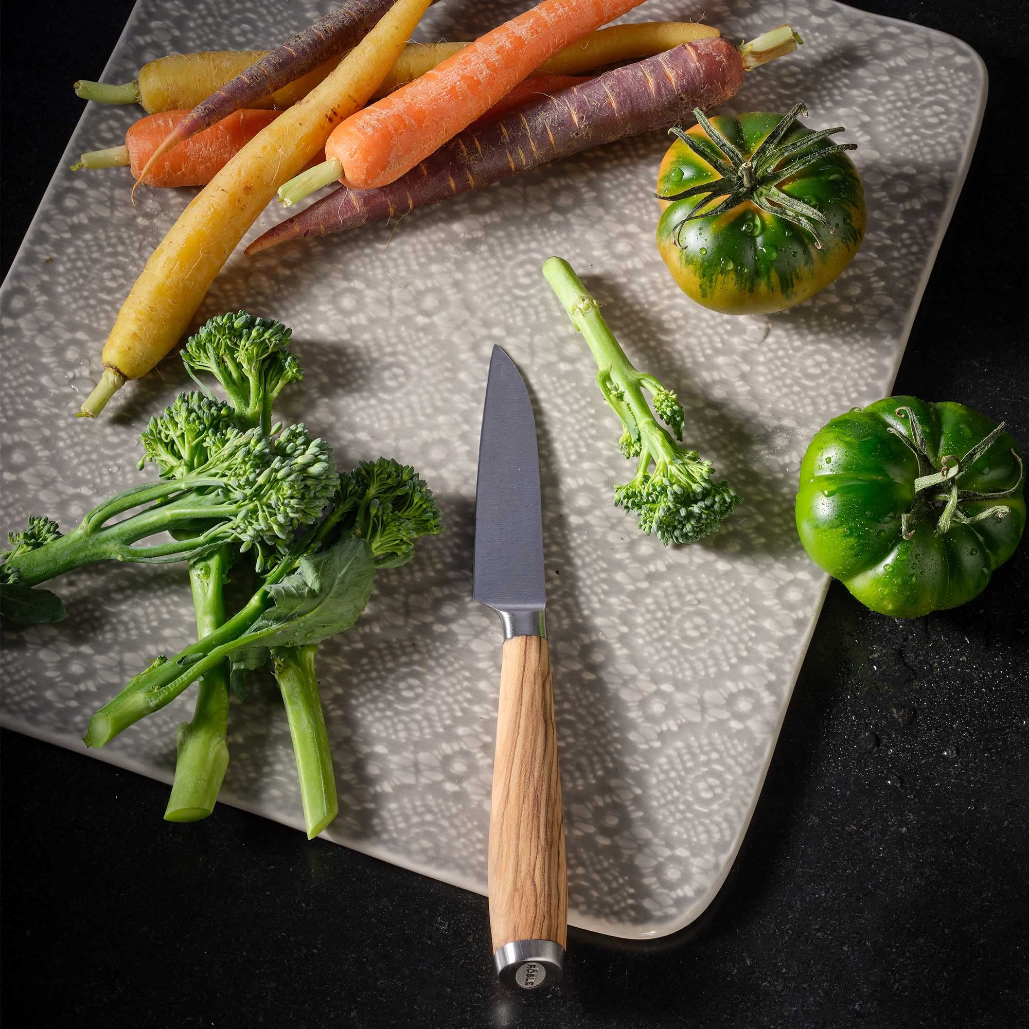 RÖSLE Gemüsemesser Artesano 9 cm - Hochwertiges Küchenmesser zum Schneiden von Obst und Gemüse, ein scharfes Schneidemesser mit ergonomischem Griff aus Olivenholz | Made in Solingen, X50CrMOV15 Stahl, zum Schneiden und Dekorieren von Obst und Gemüse, eisg