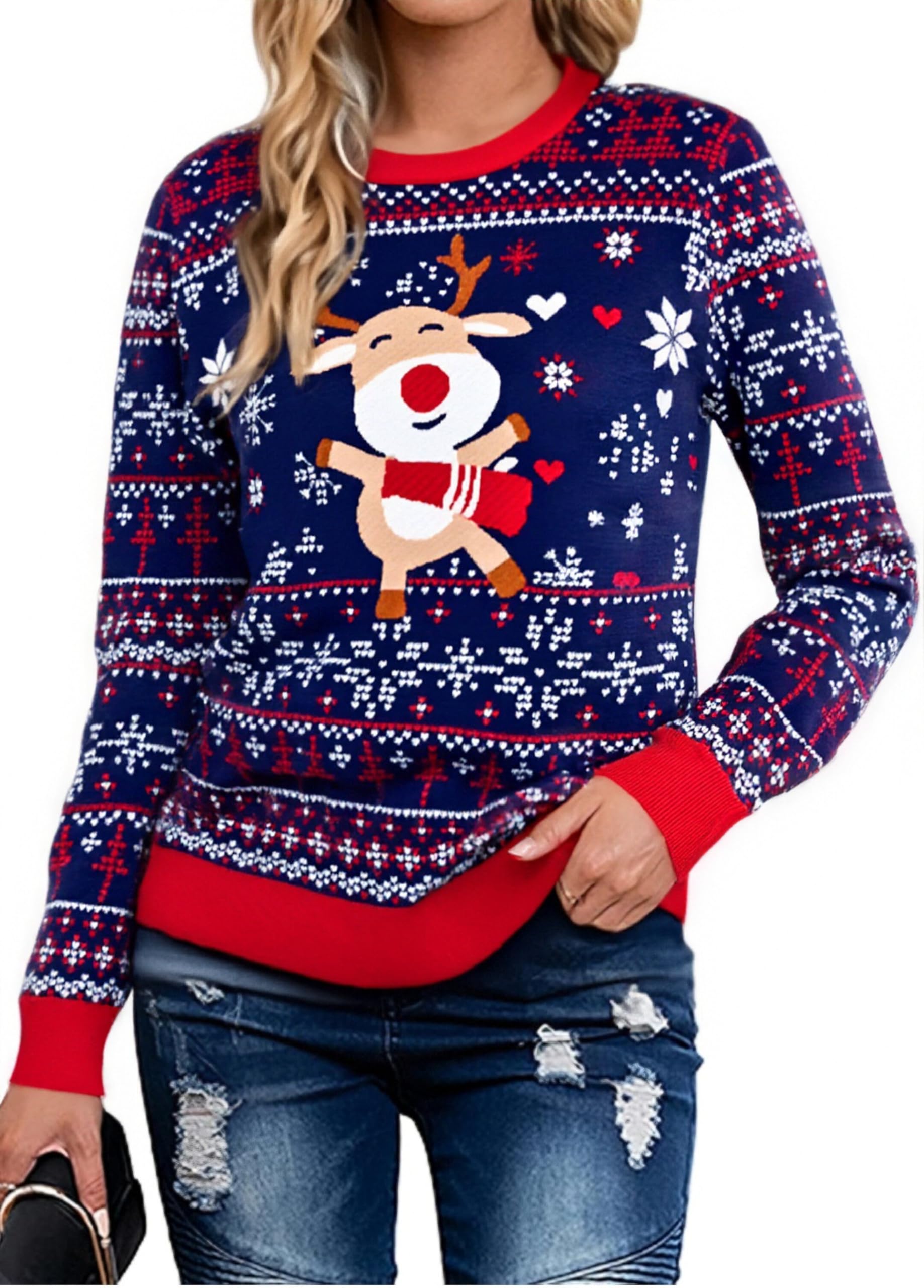 Litherday Weihnachtspullover Damen Weihnachten Strickpullover Christmas Sweater Rundhals Langarm Rentier Schneeflocken Muster Weich Pullover Weihnachtsfeier Winter