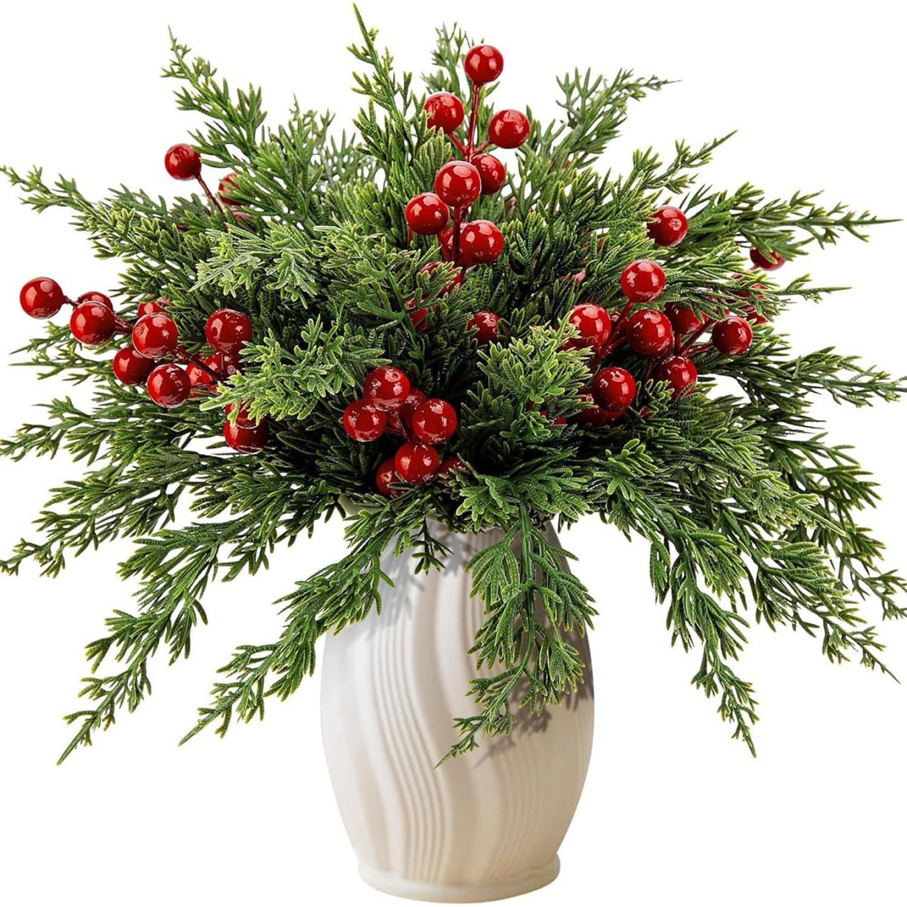 CAKEEYUM 45Pcs Christmas Picks, Lifelike Pine Branches and Red Berry Stems, DIY Plastic Floral Picks for Xmas Tree Ornaments Garland Wreath Artificial Pine Branches, Christmas Greenery, Dec