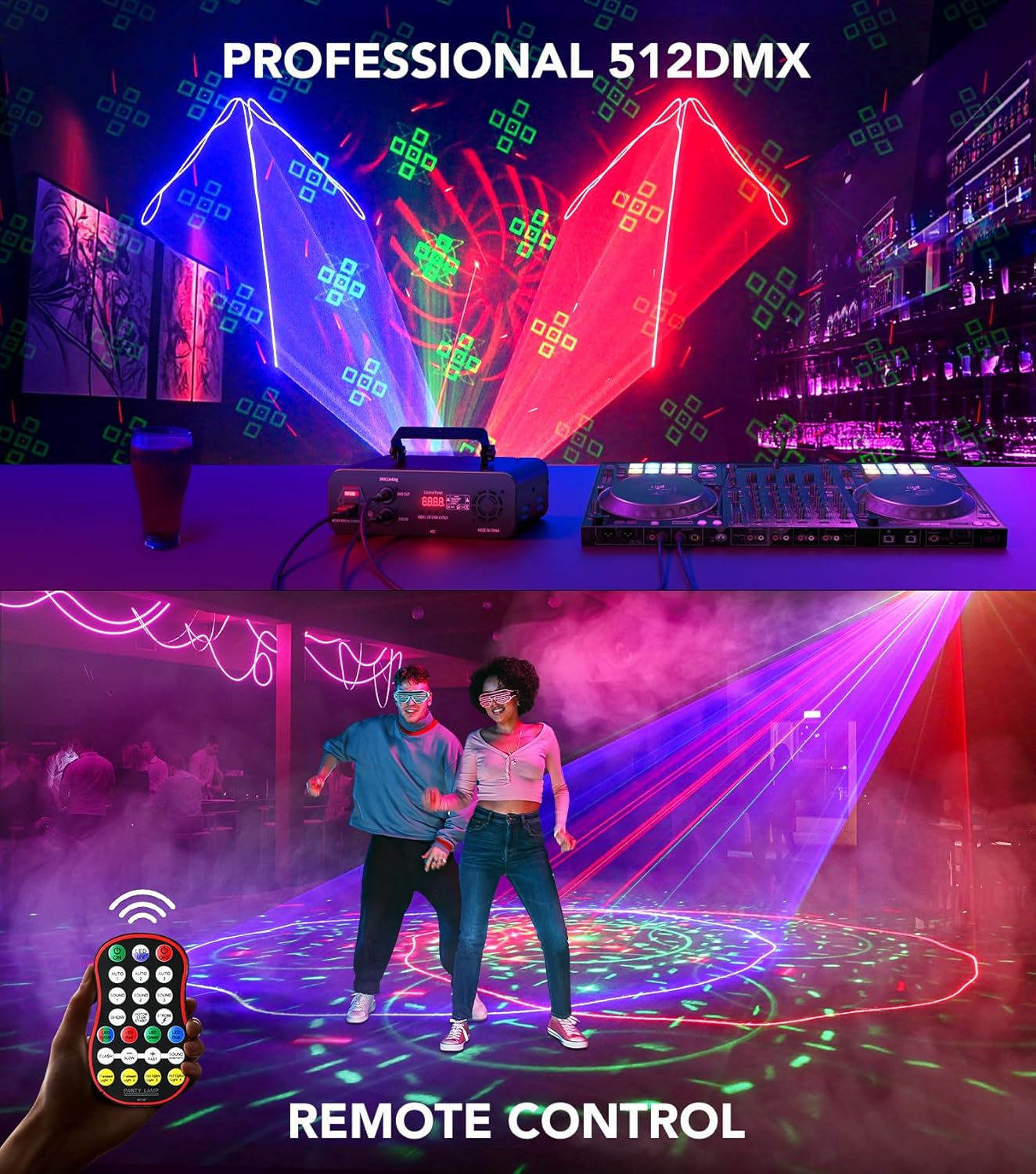 KeoBin DJ Laser Lights for Party, Professional 5 in 1 RGBUV Laser Light Show Projector Support DMX512, Sound Activated with Remote Control for Indoor Parties Disco Club KTV Bar Stage DJ Lighting