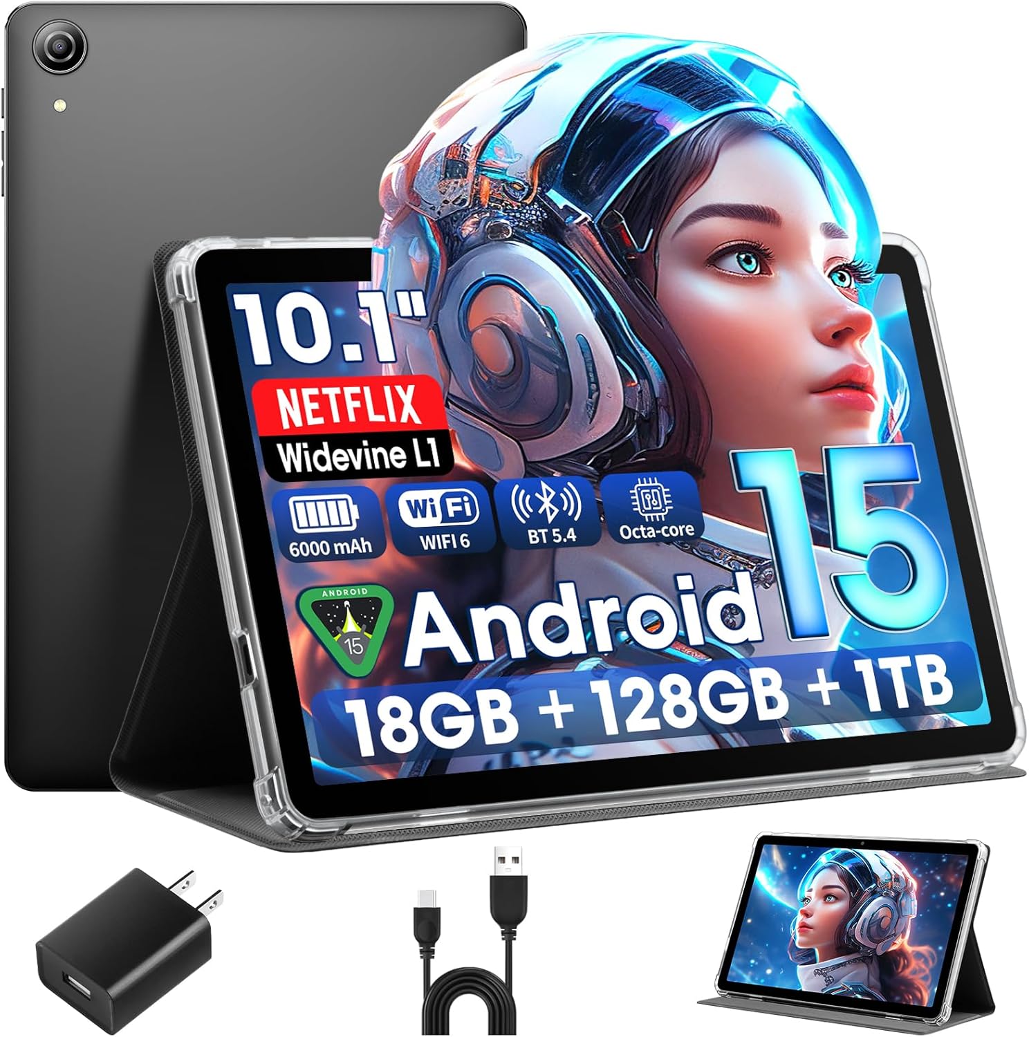 Android 15 Tablet 10 Inch with Case, 18GB RAM 128GB ROM, 1280 x 800 IPS HD Widevine L1, Octa-Core, 1TB Expandable, WiFi 6, BT5.4, Dual Camera 5MP+8MP, 6000mAh, GPS, Dual Speakers Android 15 Tablet 10 Inch with Case, 18GB RAM 128GB ROM, 1280 x 800 IPS HD Widevine L1, Octa-Core, 1TB Expandable, WiFi 6, BT5.4, Dual Camera 5MP+8MP, 6000mAh, GPS, Dual Speakers