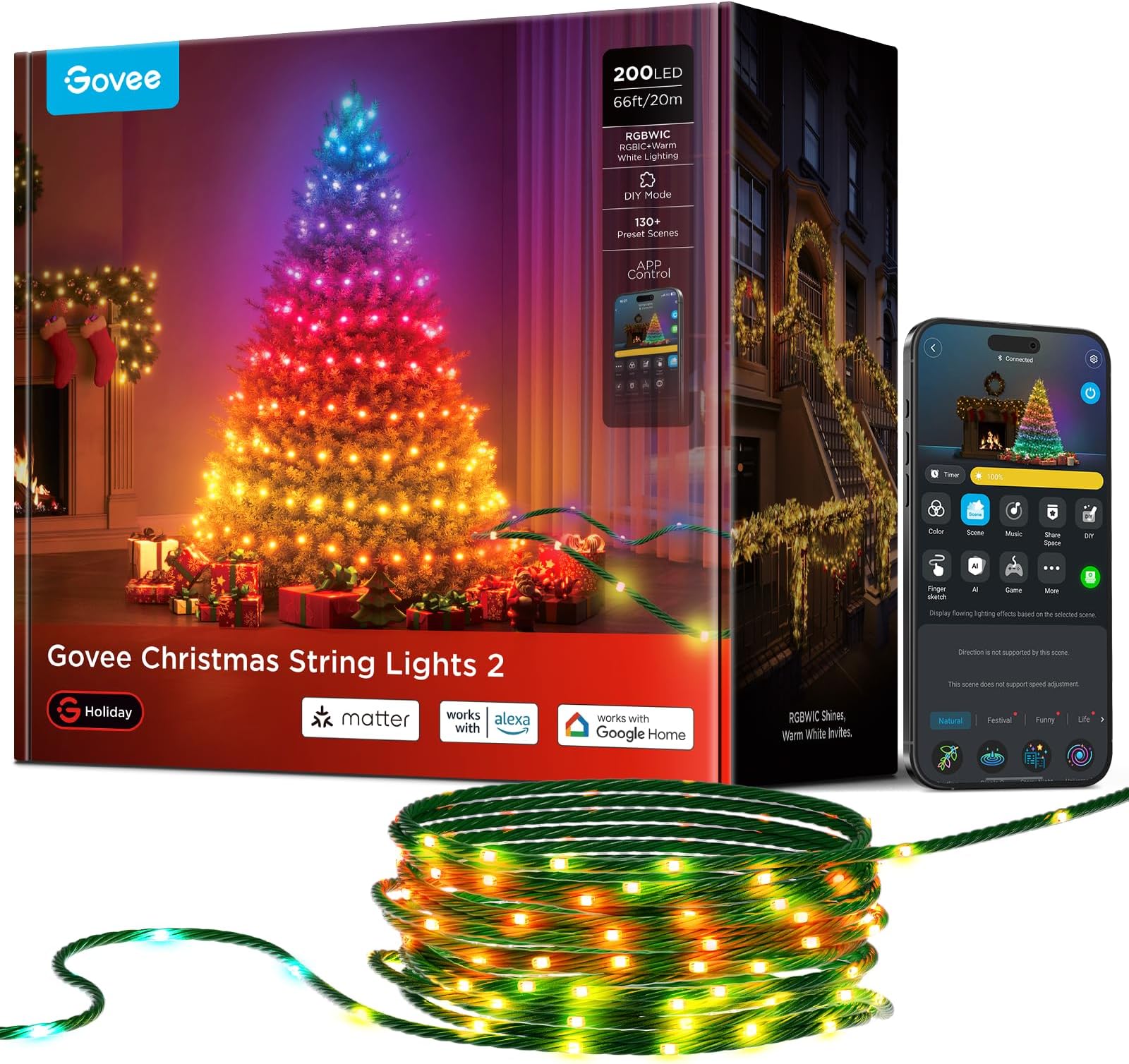 Smart Christmas String Lights 20m, 200 RGBWIC LEDs Holiday Fairy Lights for Indoor & Outdoor, Shape Mapping, AIGC, App Control with 130+ Dynamic Scene Modes, Compatible with Matter, Green Cable