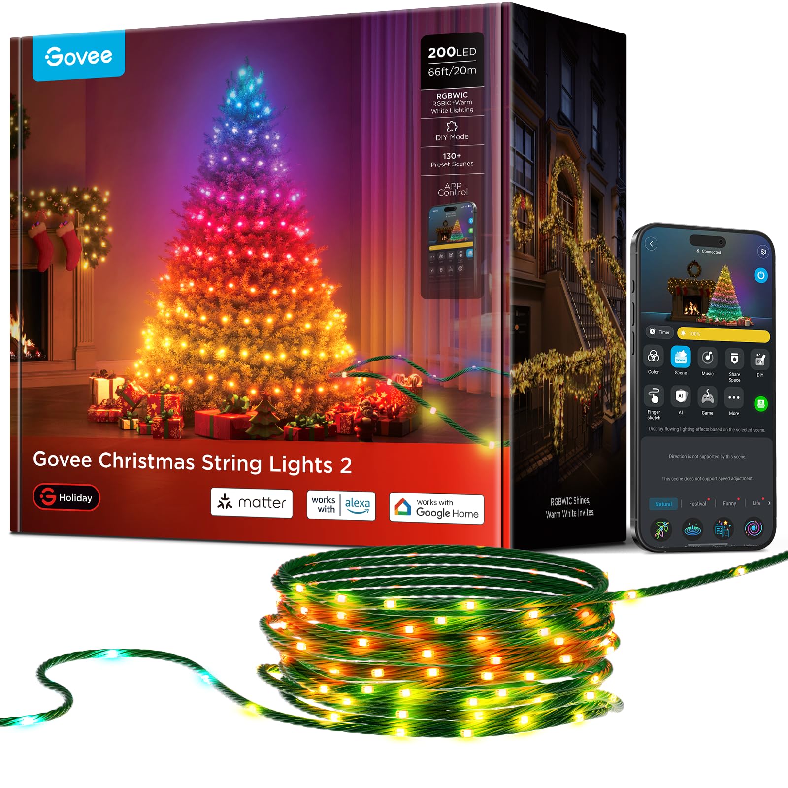 Govee Smart Christmas String Lights 20m, 200 RGBWIC LEDs Holiday Fairy Lights for Indoor & Outdoor, Shape Mapping, AIGC, App Control with 130+ Dynamic Scene Modes, Compatible with Matter, Green Cable
