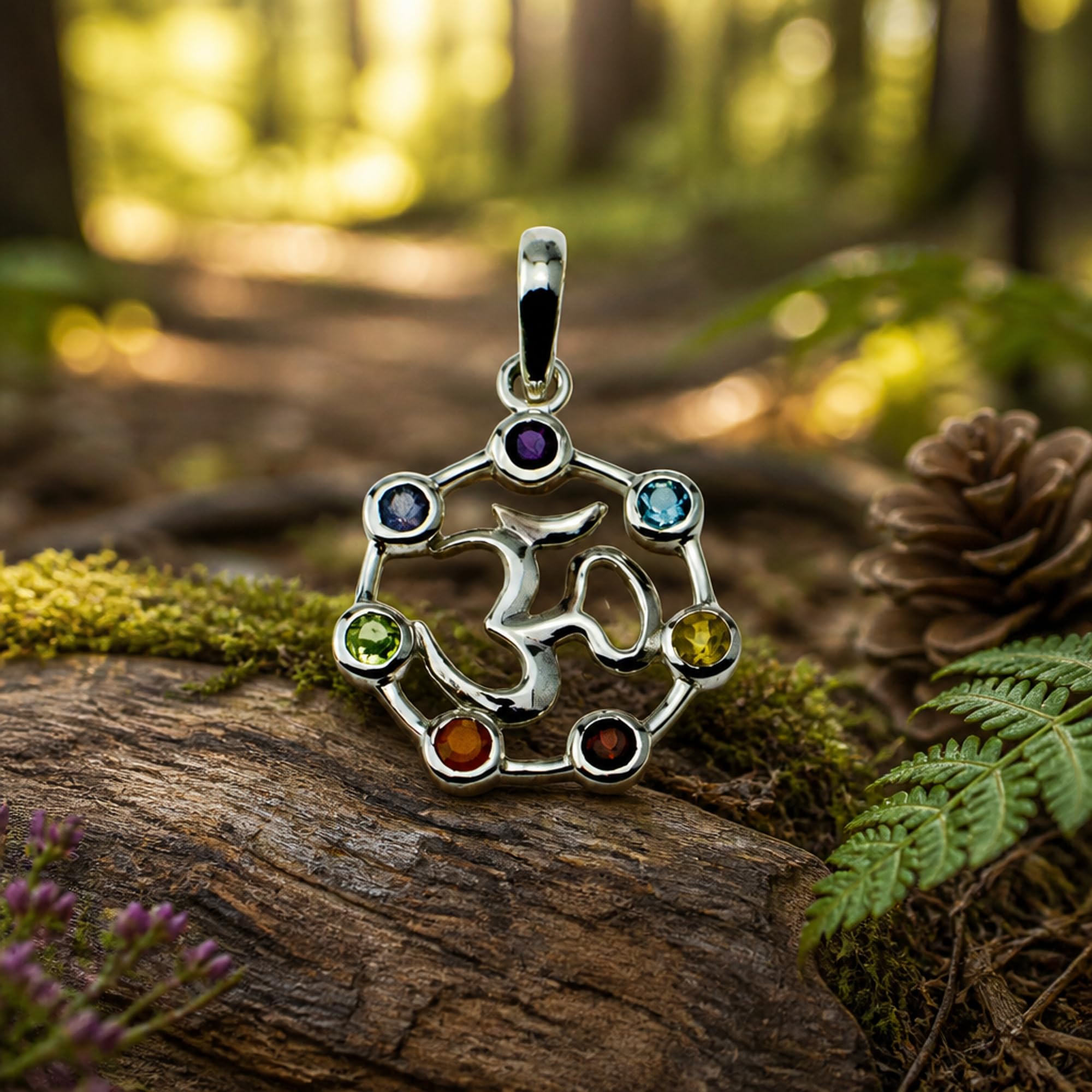 I-be, Chakra Anhänger 7 echte Edelsteine, 925 Silber, Länge: 3,4 cm im Geschenketui, 20 Chakra OM