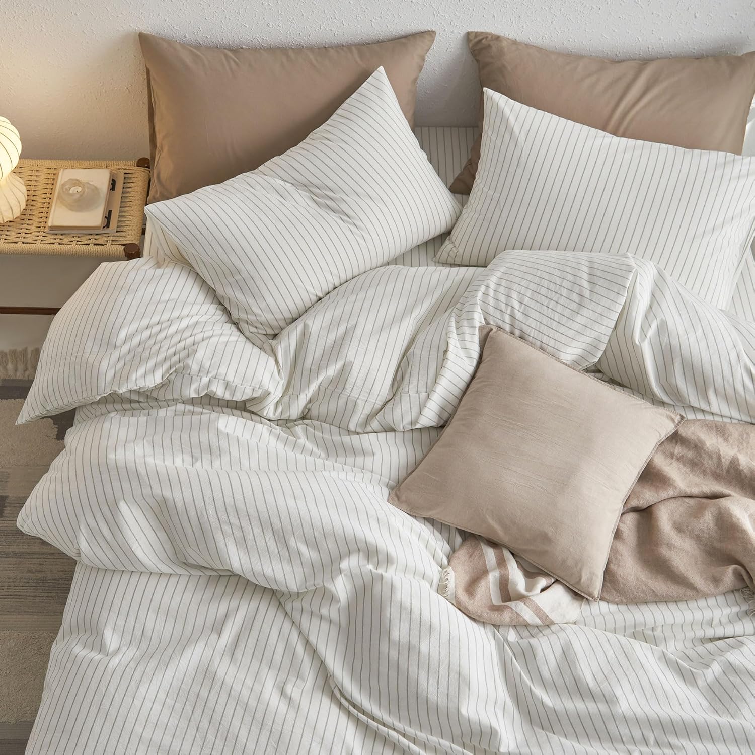 MooMee Striped Duvet Cover Set 100% Washed Cotton Linen Like Textured Breathable Durable Soft Comfy (White Sage Green Wide Stripes, King 104"x90") - Image 4