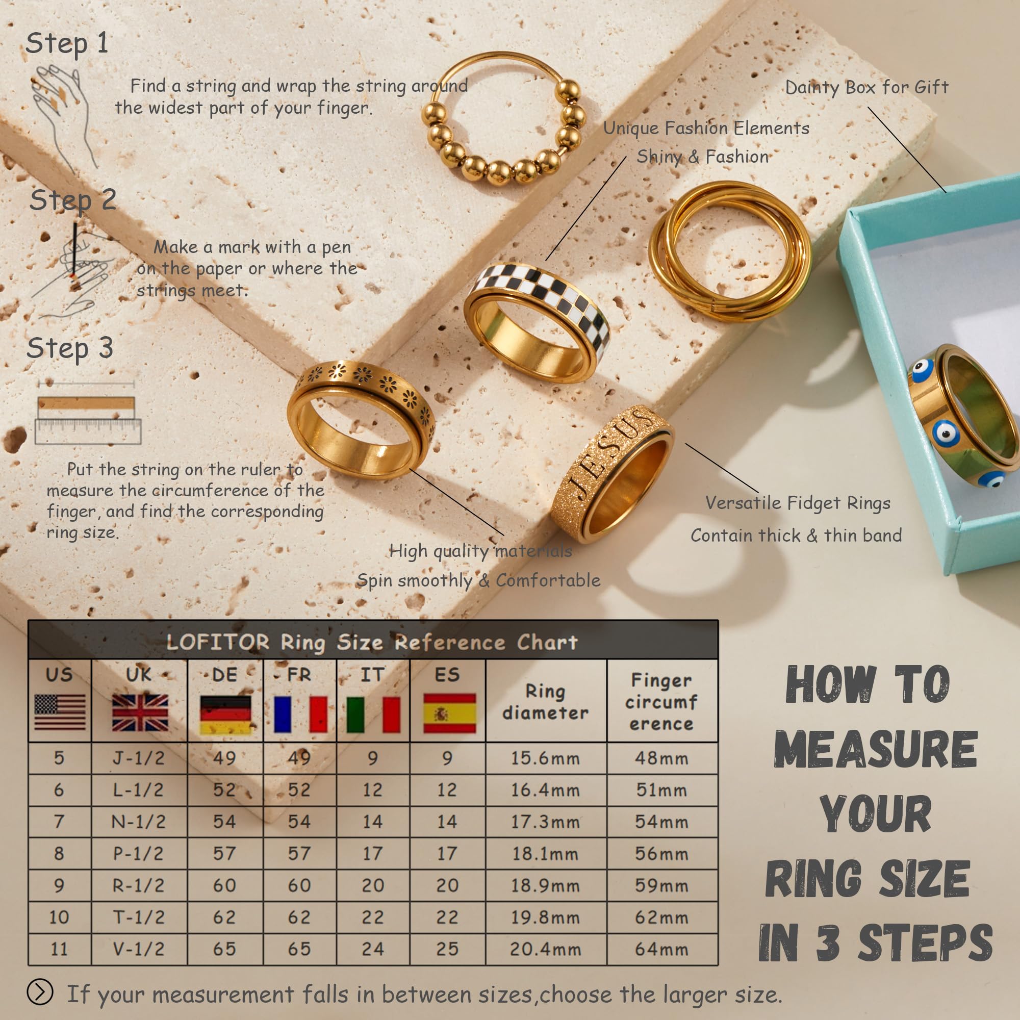 LOFITOR Fidget Rings for Anxiety 6pcs Stainless Steel Spinner Ring Anti Anxiety Ring Spinning Moon Star Cool Stress Relieveing CZ Rings for Women Men Band Rings Set CZ Silver - Image 4