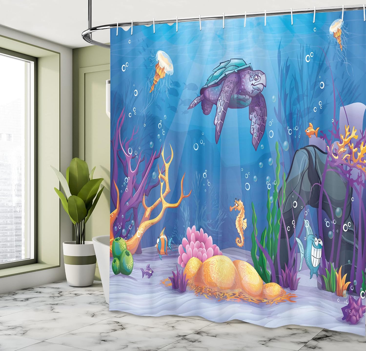 Ambesonne Turtle Shower Curtain, Underwater World Style Illustration Funny Fish Jellyfish Sea Horse, Cloth Fabric Bathroom Decor Set with Hooks, 69" W x 70" L, Purple Orange Aqua