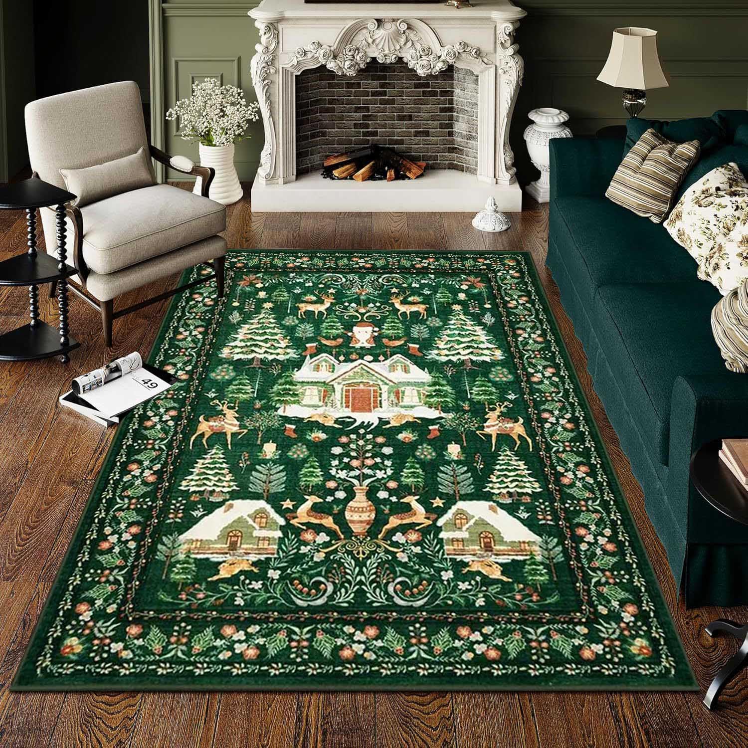 Alfombra Verde Grande de Navidad, Alfombras de Cocina Antideslizante Navideña, Alfombra Vintage Bohemio de Navidad, Alfombra de Navidad Lavables para Salon Entrada Oficina,200x300cm