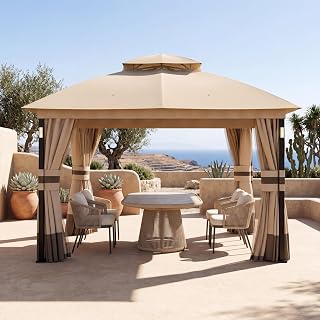 Modern Shade Gartenpavillon Doppeldach 3 x 3,6m mit LED-Beleuchtung & Bluetooth-Lautsprecher, Robuste Außenmarkise mit Metallrahmen, Pavillon mit Stoffdach, Netz und Vorhängen für Garten, Khaki