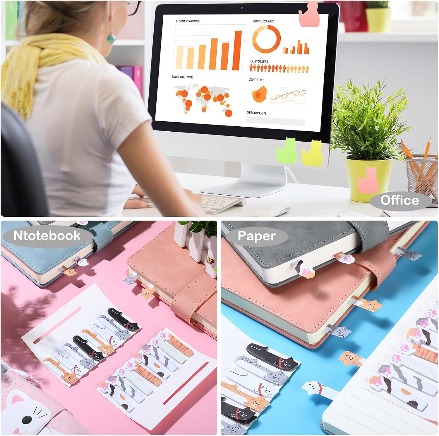 Outus Cat Office Supplies, Sticky Notes Gel Pens Paper Clips,Vivid Style image 4