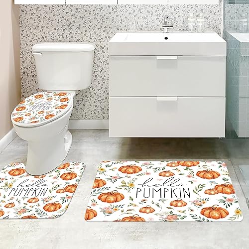 Miniatura 10 de MEHOFOND Juego de 4 piezas de ducha de calabaza para baño, otoño, día de Acción de Gracias, cortina de ducha, alfombra, cubierta de tapa de inodoro