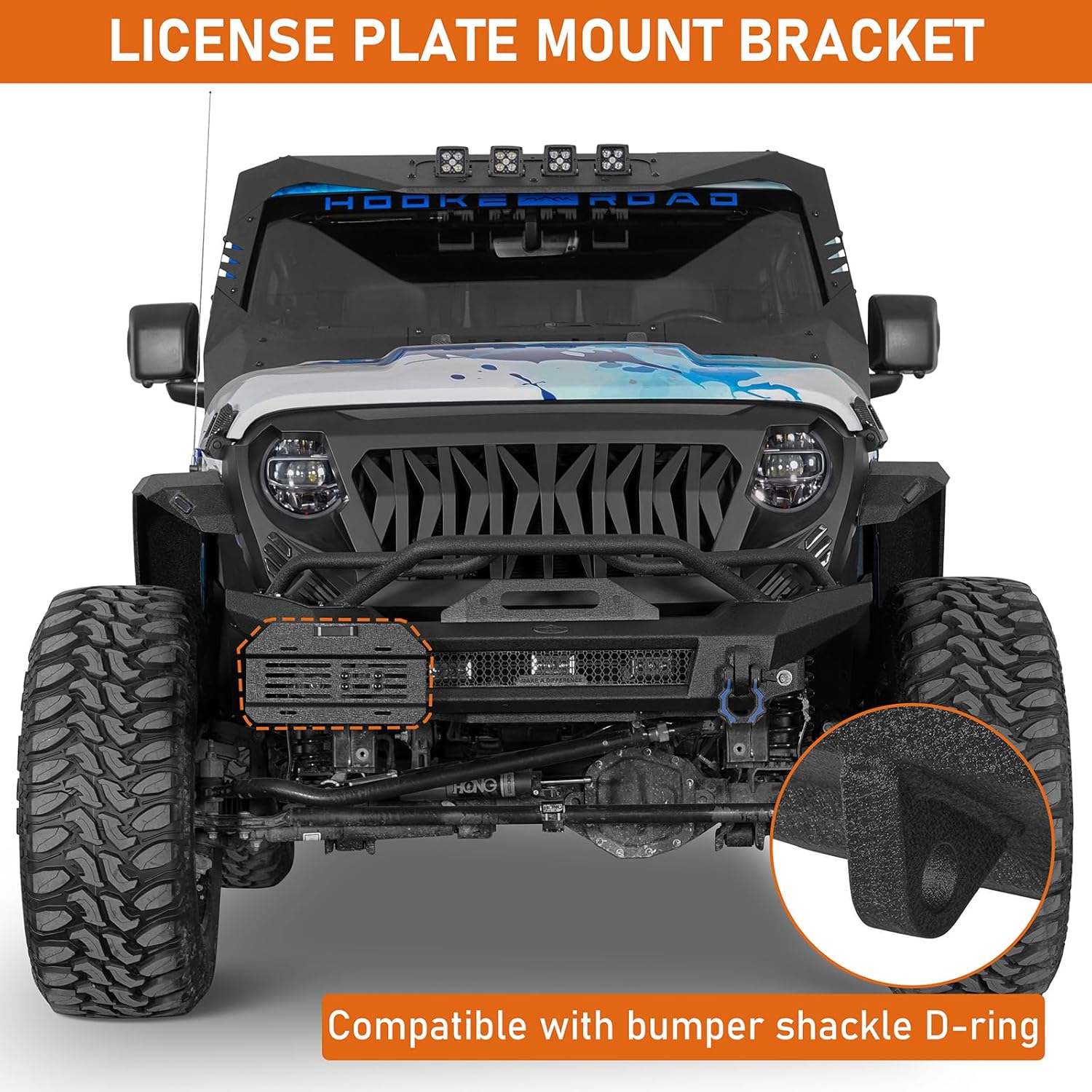 Hooke Road License Plate Holder Bracket Frame for Jeep Wrangler TJ JK JL Gladiator Bronco 4Runner Tacoma Trucks SUVs, Universal Fit for Front Rear Bumpers D-Ring Shackle Mount