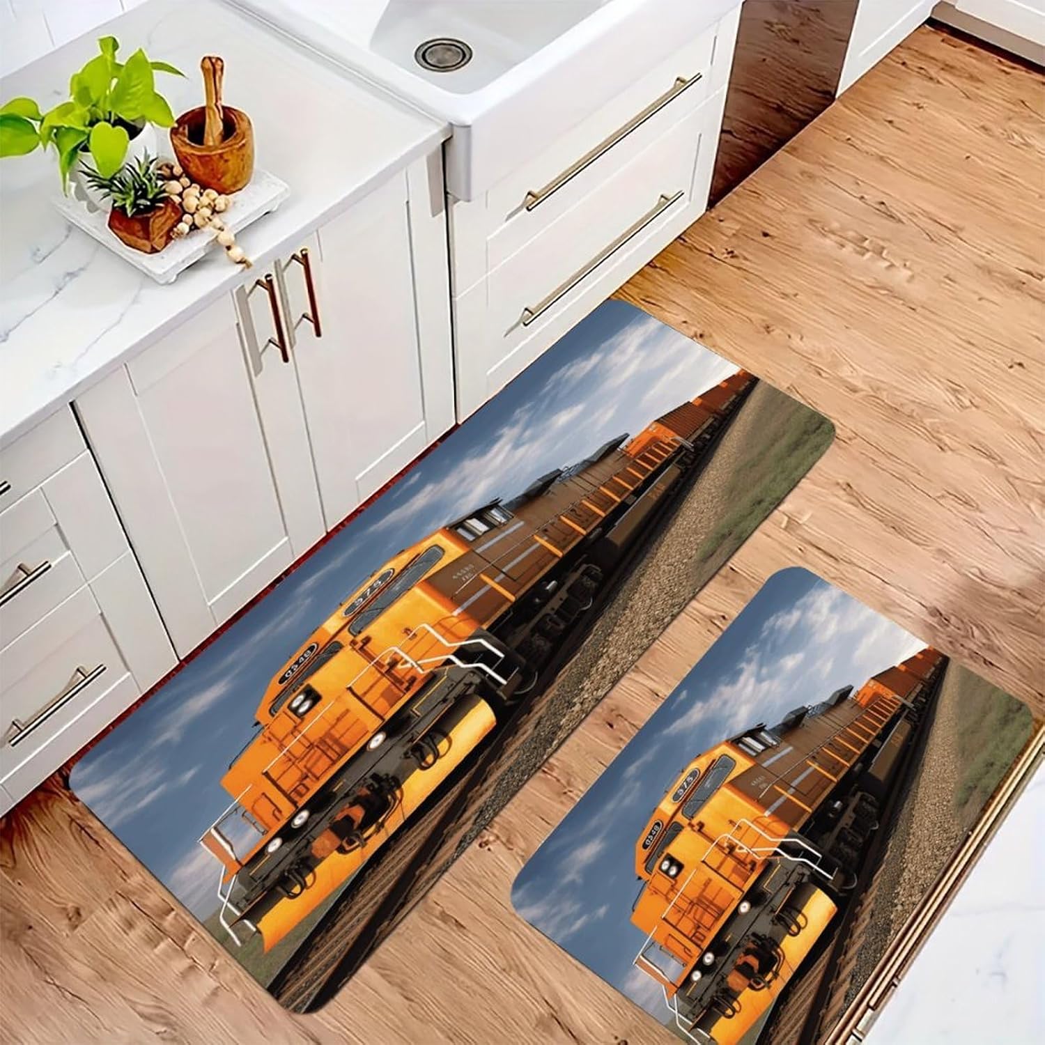 Freight Train Kitchen Mat Washable Non Slip Rugs Soft Kitchen Mats for Floor Set of 2 PCS Cushioned Absorbent Runner Standing Rugs for Home Sink Laundry Office
