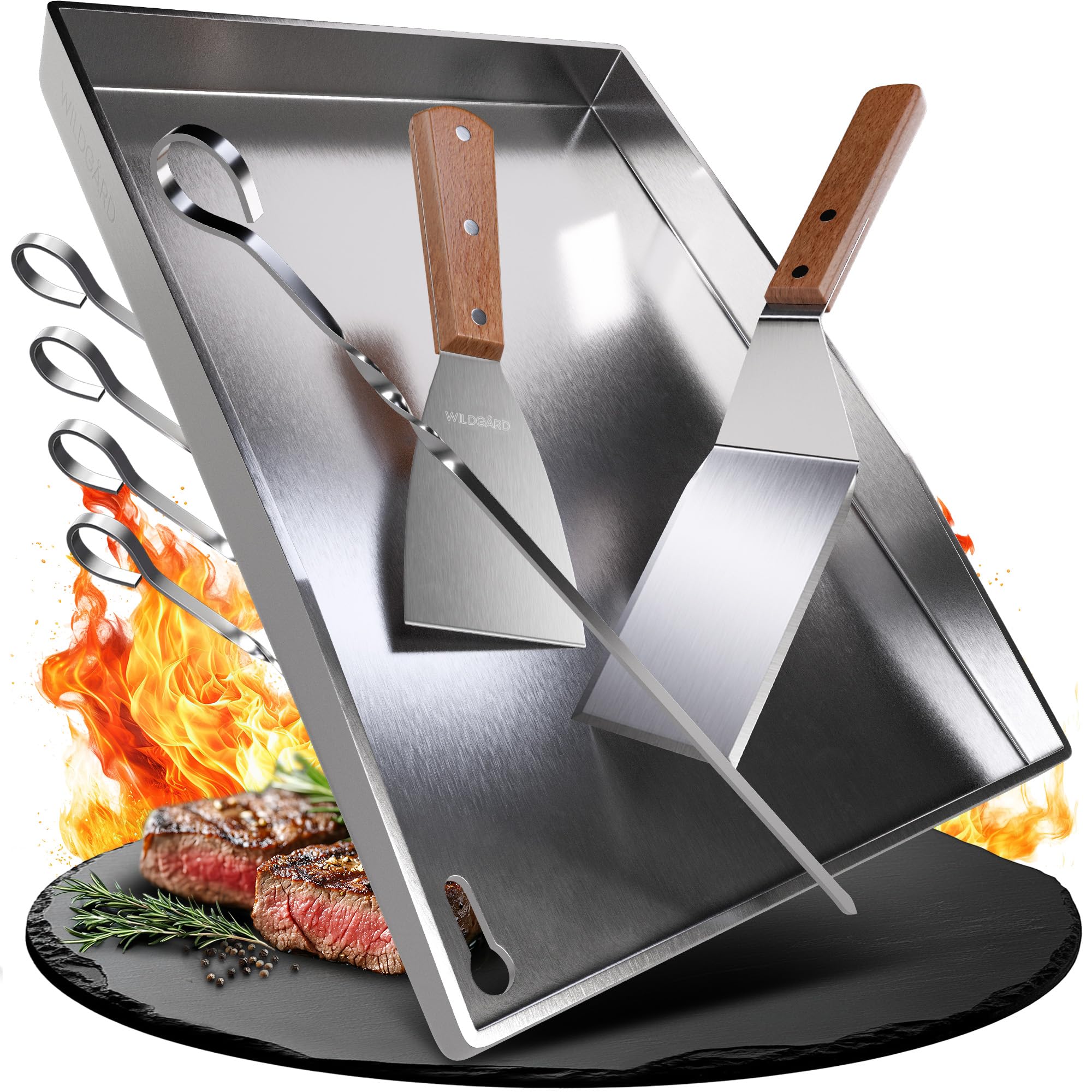 WILDGÅRD® Grillplatte - Plancha Grill Platte aus dickem & rostfreiem Edelstahl – 40 x 30 cm – für BBQ Gasgrill & Kohlegrill geeignet +PLUS: 2x Grillspachtel & 5x Spieße