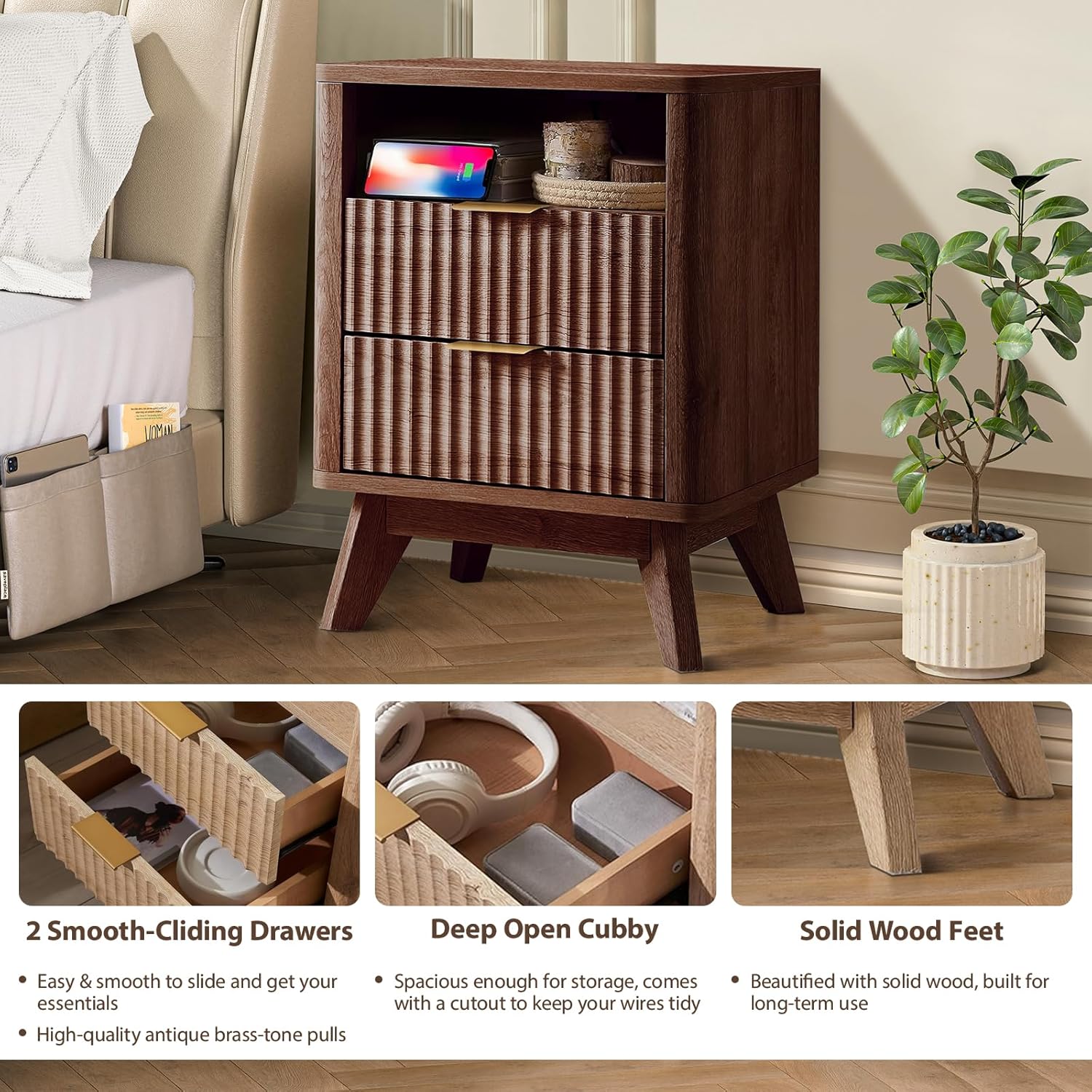 Fluted Nightstand - 24" Modern Bedside Table w/ 2 Drawers, Wood Bed Side End Table with Open Shelf, Night Stand with Storage Drawer, Curved Design Night Stands for Bedroom Living Room (Walnut)