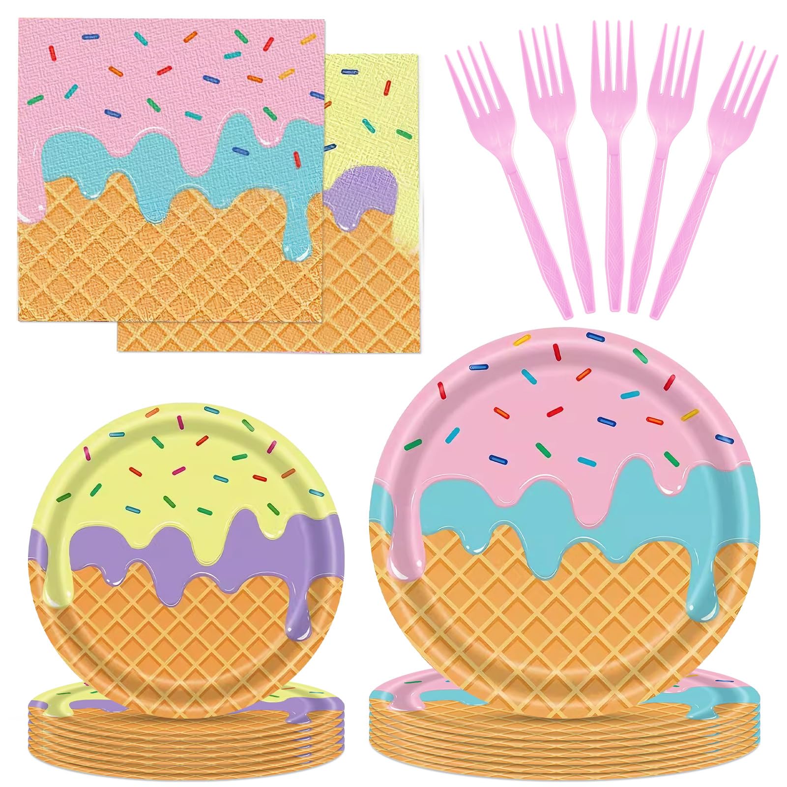 80Pcs Ice Cream Party Decorations, Colorful Ice Cream Party Supplies Disposable Party Plates Napkins and Pink Forks Tableware Set for Birthday, Summer, Candy land, Baby Shower Decorations, Serves 24
