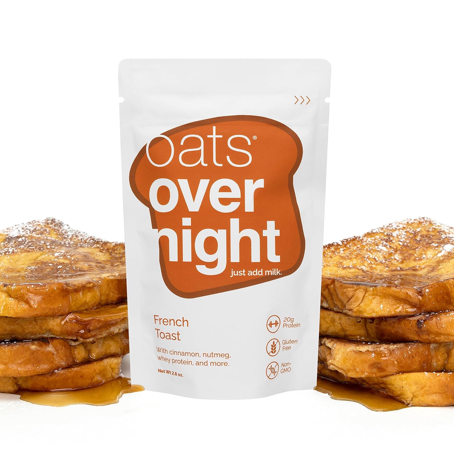 Oats Overnight French Toast - Overnight Oats with 20g Whey Protein, High Fiber Breakfast Protein Shake - Gluten Free Oatmeal, Non GMO High Protein Oatmeal (2.7 oz per Meal) (8 Pack)
