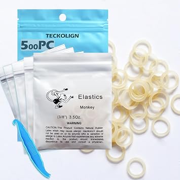 Orthodontic Elastic 500 pcs Rubber Bands Medium, 3.5 Oz,3/8,Monkey, Teckolign Orthodontic Elastic Rubber Bands, 500 Pack,Orthodontic Supplies, Great for Dreadlocks, Braids, Tooth Gap, Braids, Dog Bows, Top knots, 5 Pack,with Elastic Placer for Braces