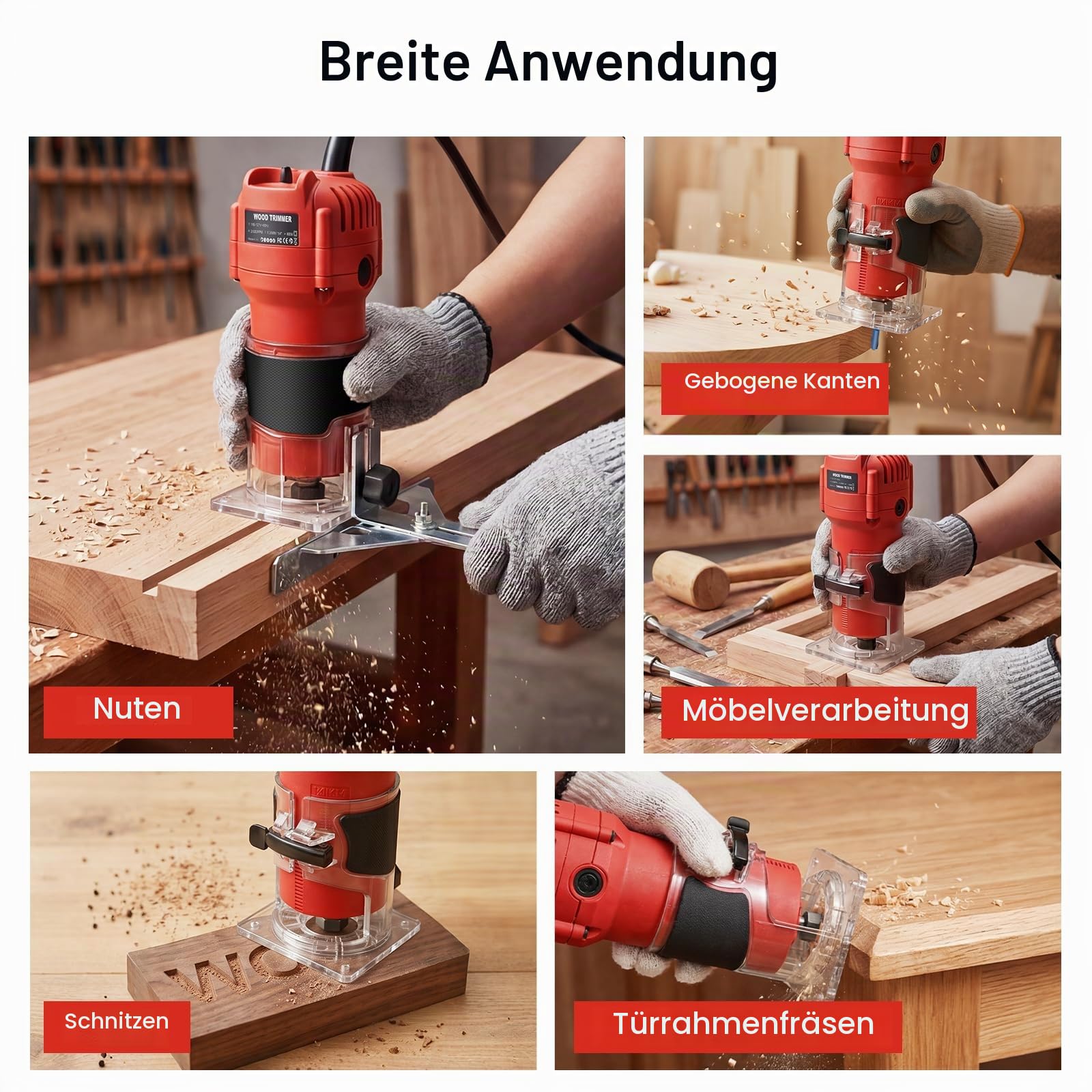 Oberfräse Trimmer 800W, 30000 U/min Einhandfräse Kantenfräse Holz Multifunktionsfräse, Handfräsmaschine mit 15-tlg. Hartmetall Fräser Set (6,35mm) für Holzbearbeitung & DIY