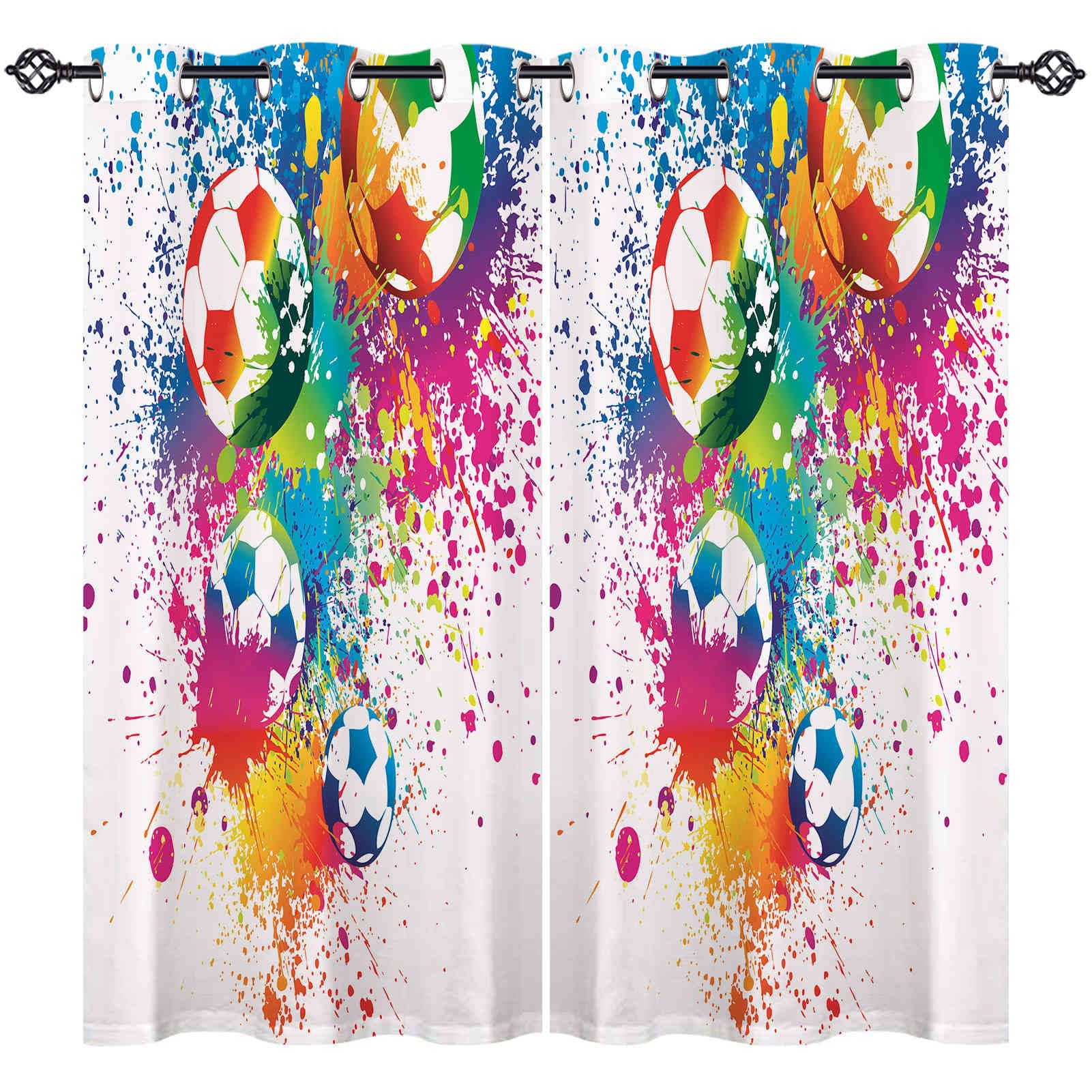 ANHOPE Football Curtains Eyelet Thermal Insulated Blackout Curtains Watercolor Colorful Soccer Print Pattern Ring Top Privacy Drapes for Kids Boys Bedroom Living Room 55 x 69 Inch Drop 2 Panels โ image 1