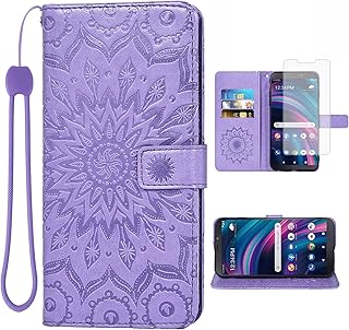 Asuwish Phone Case for BLU View 3 B140DL Wallet Cases with Tempered Glass Screen Protector and Sunflower Leather Slim Flip Cover Card Holder Stand Cell Accessories Vlew3 Women Purple