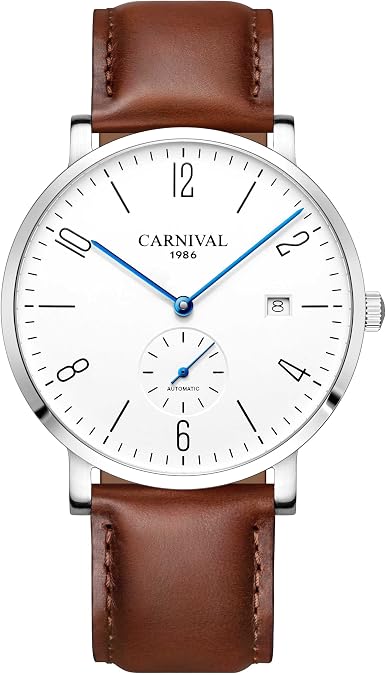 TEINTOP Carnival Automatic Mechanical Men Watch Leather Band Simple Dial White (Brown Calfskin)