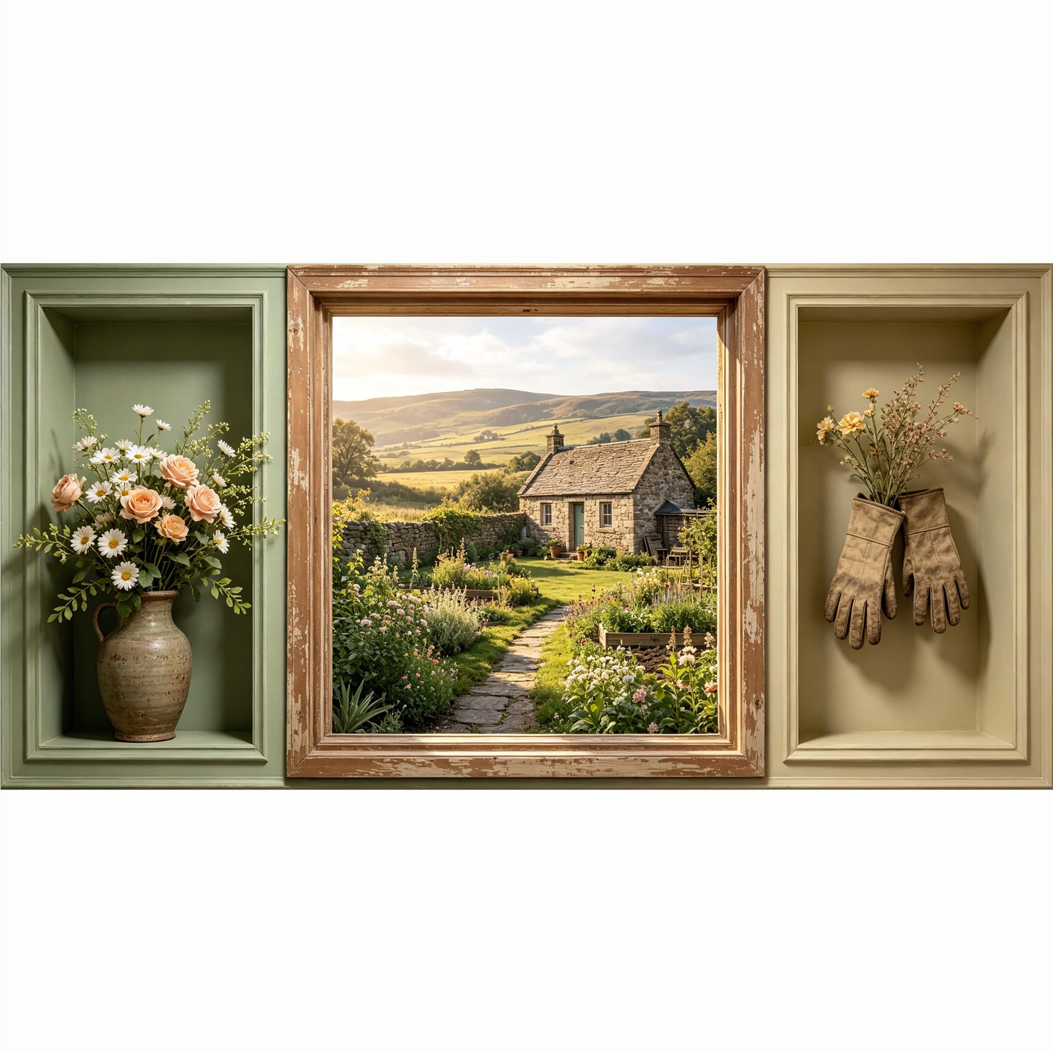 QZLITHOTIC 50x100cm 3D Framed Wall Art， Farmhouse Countryside Cottage Garden Self‑Adhesive Mural， Water‑Activated Peel & Stick Fabric Decor Wall Decal for Bedroom Living Room