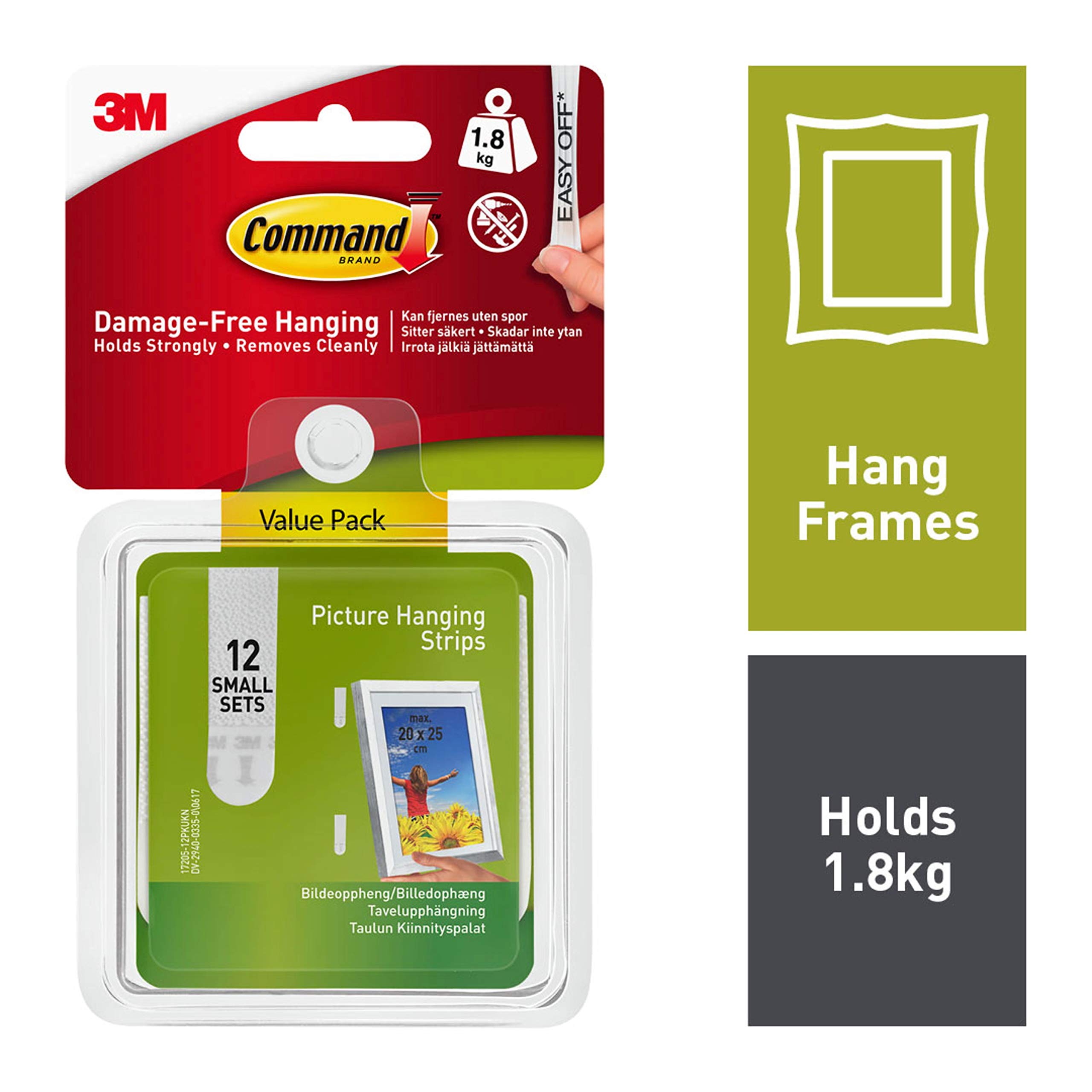 Command Lot de 12 petites bandes adhésives blanches pour accrocher des photos, des cadres et des décorations murales - Peut supporter jusqu'à 1,8 kg