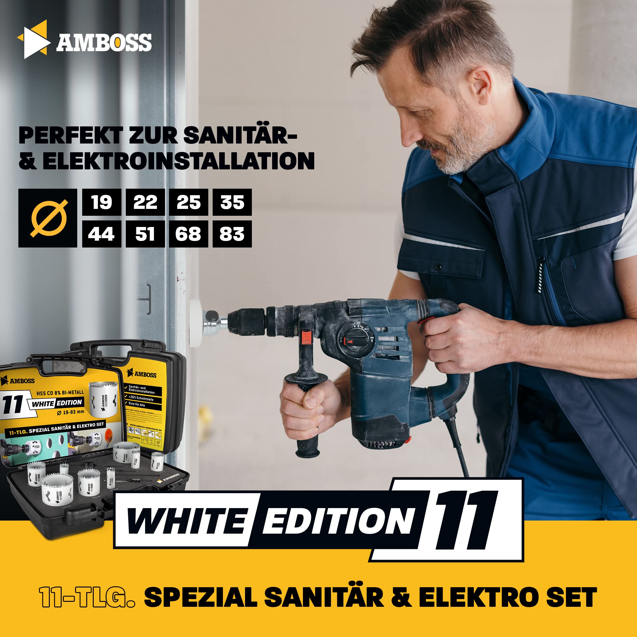 Amboss M 42 - Set di seghe a tazza bimetalliche, Ø 19-83 mm (11 pezzi), per alluminio, acciaio, cartongesso, legno, ecc.