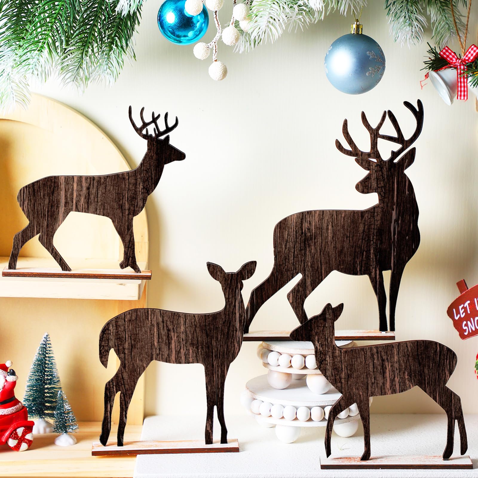Barydat 4 Pcs Christmas Table Decorations Wooden Christmas Pine Tree Reindeer Table Centerpiece Xmas Winter Tabletop Signs Rustic Farmhouse Decor for Home Office Desk Party Favors (Reindeer)