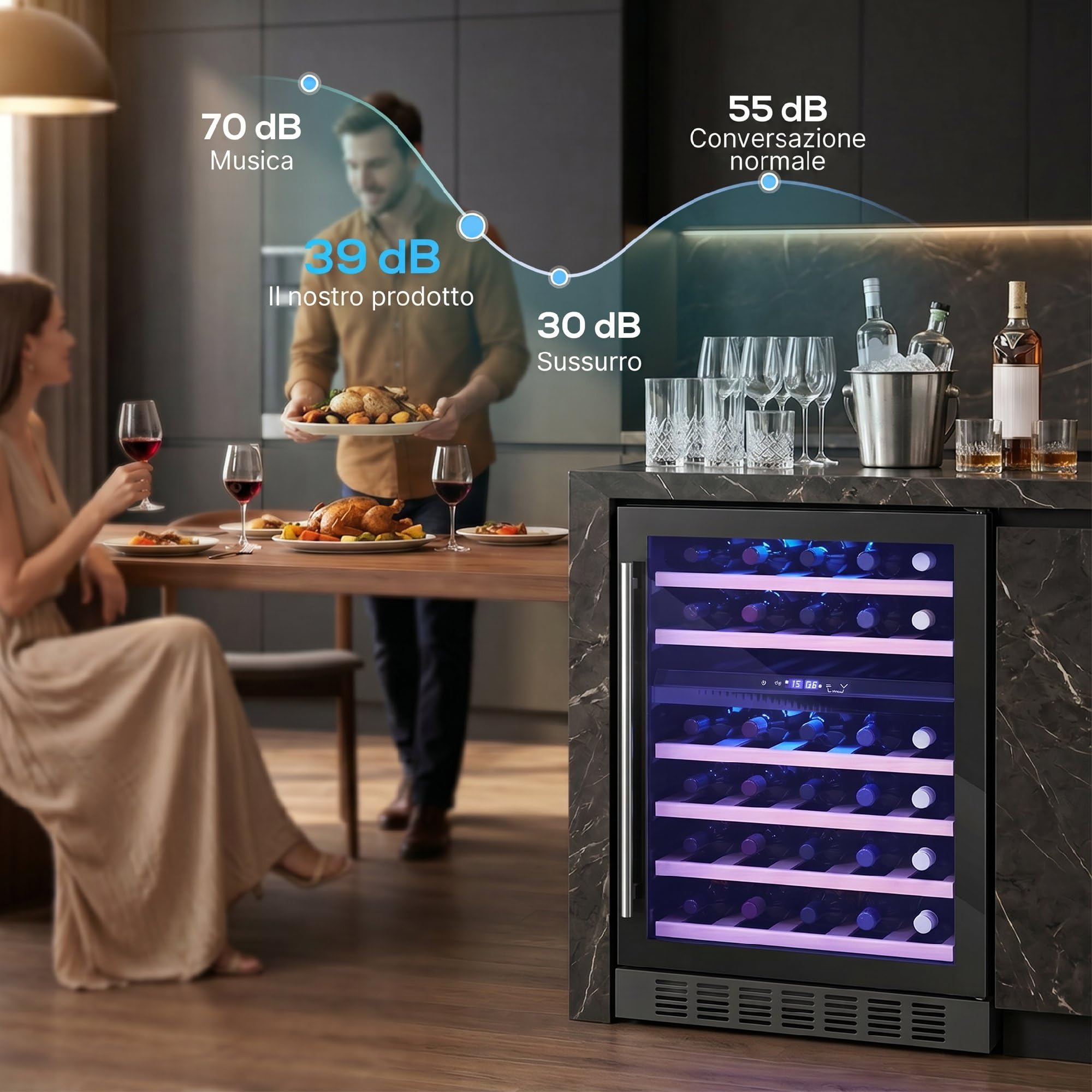 HOMCOM Cantinetta Vino Doppia Temperatura 46 Bottiglie 131L Cantina Vino Frigo Bar Refrigerata Sottopiano Silenziosa 5-18℃, Triplo Vetro Anti UV, Ripiani Regolabili Legno, Display Touch, LED, Classe F