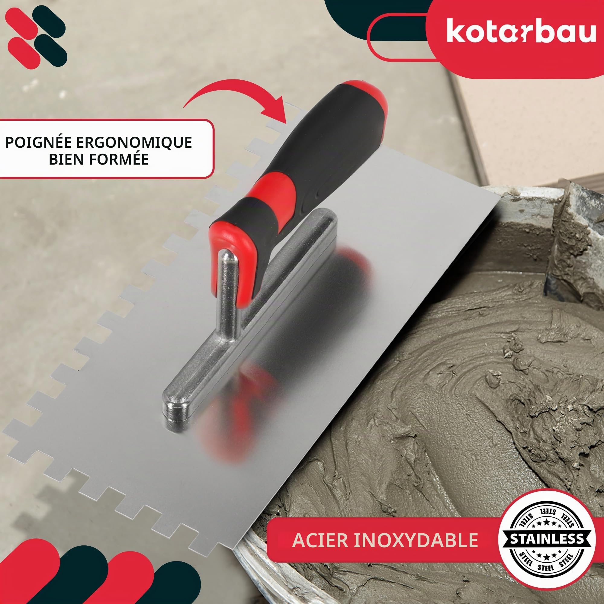 Kotarbau® Truelle de lissage en Acier Inoxydable 270 x 128 mm avec Denture 10 x 10 mm pour Pose de carrelage, Disque de lissage, avec poignée Souple