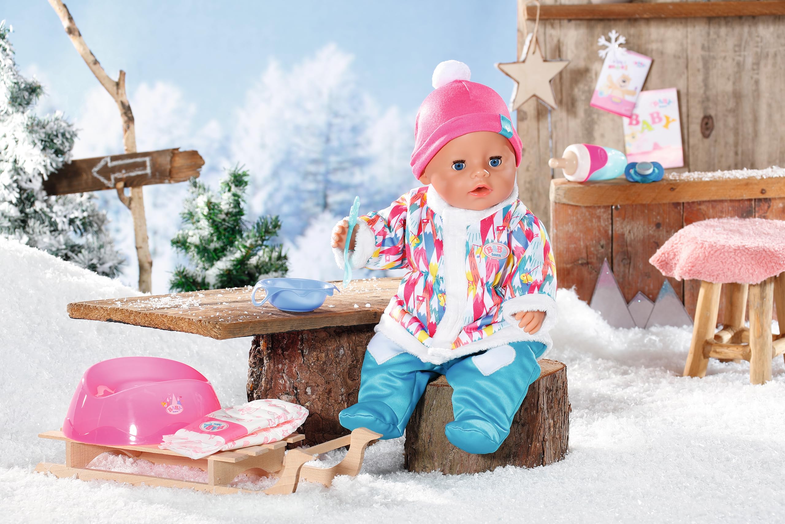 BABY born Soft Touch Wintertime Girl, 43 cm duża lalka niemowlęca z 9 funkcjami i akcesoriami z kombinezonem śnieżnym, dla dzieci od trzech lat, działa bez baterii, 831281 Zapf Creation