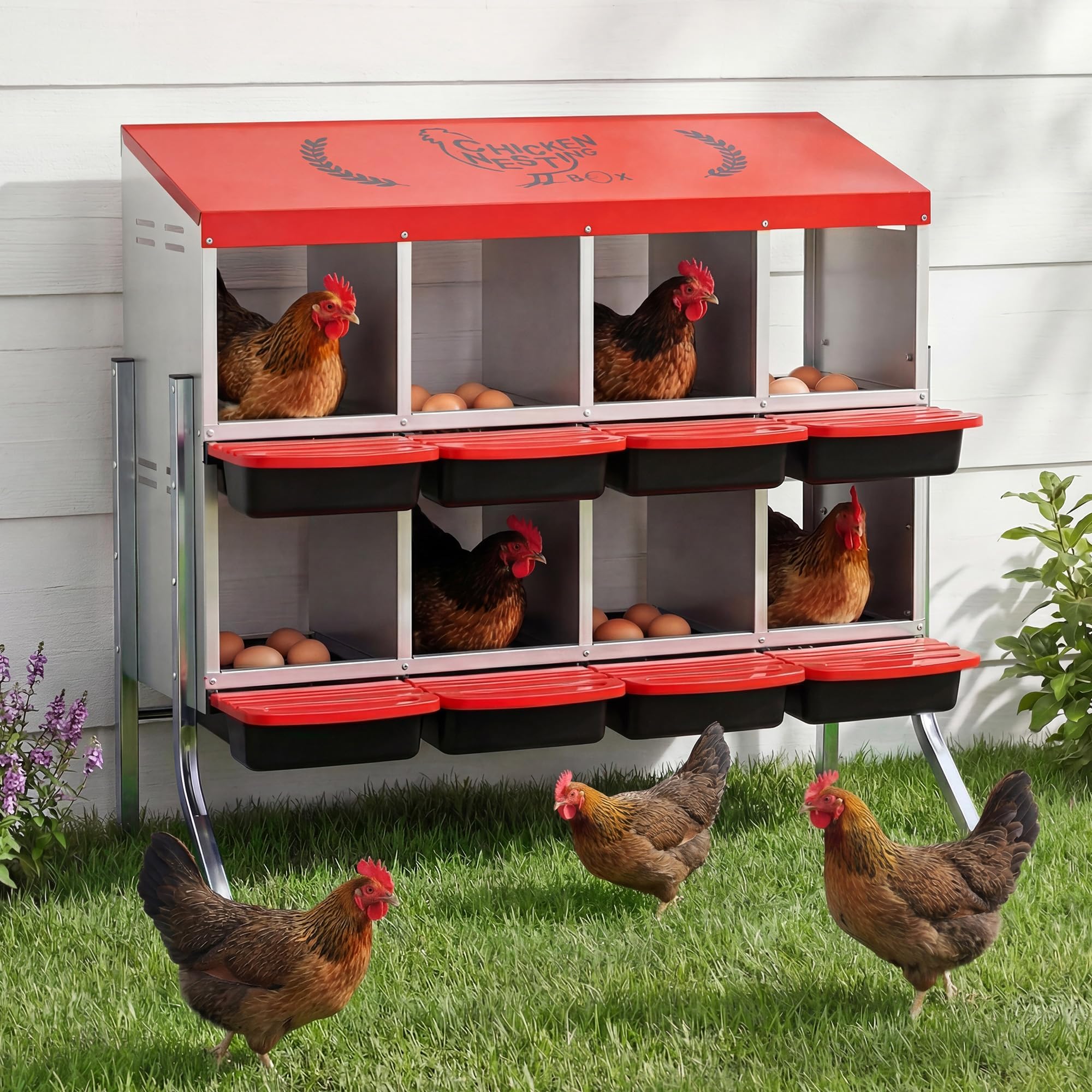 8 Holes Metal Chicken Nesting Box, Heavy-Duty Rustproof Egg Laying Box with Roll Away Tray & Bracket Legs, Nest Boxes for Hens - Easy Egg Collection & Cleaning, Red (8 Holes)