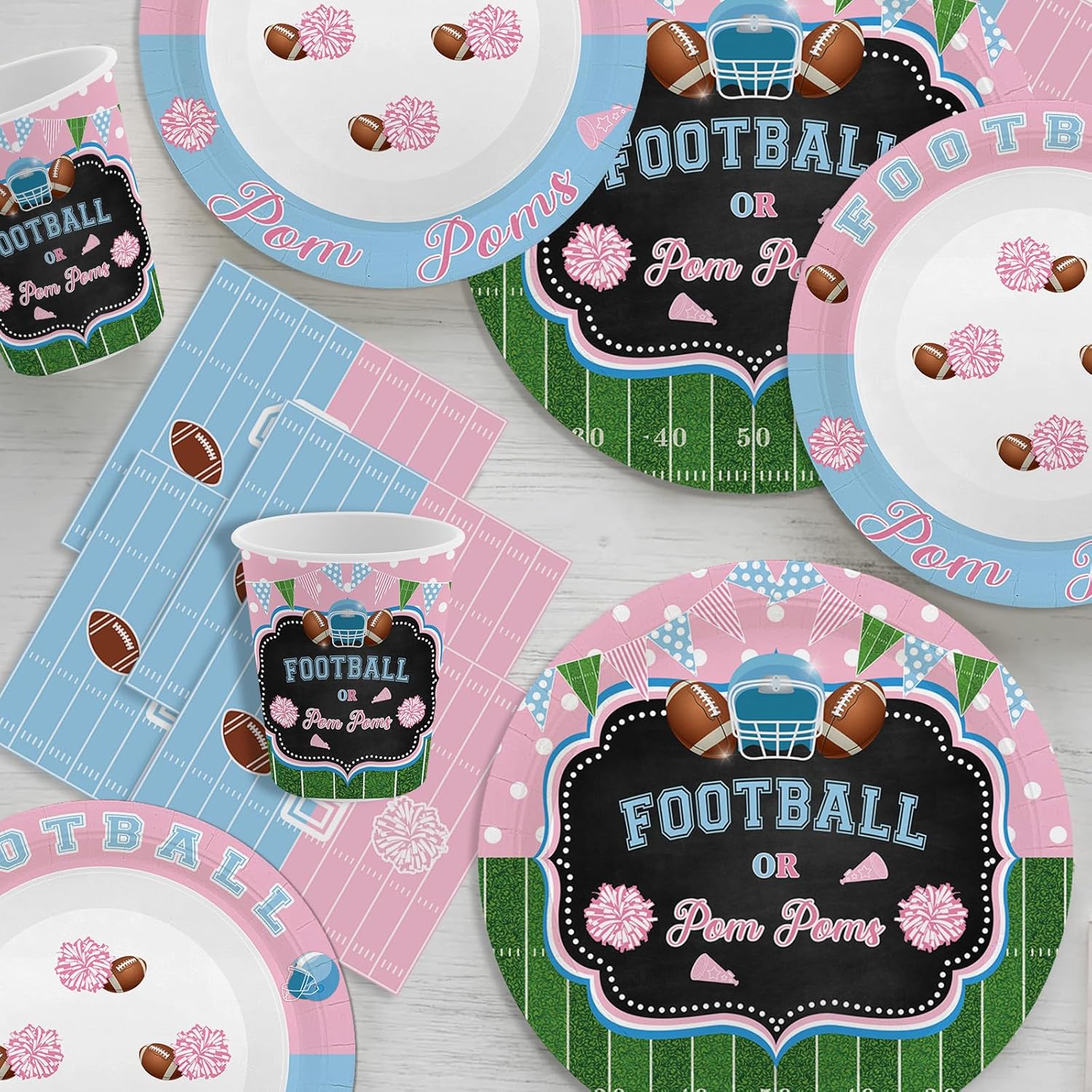 MEHOFOND 192Pcs Football Gender Reveal Party Decorations, Football Pom Poms Disposable Tableware Set, Football Paper Plates and Napkins Cups, Football Baby Shower He or She Party Decor, Serve 24 - Image 2