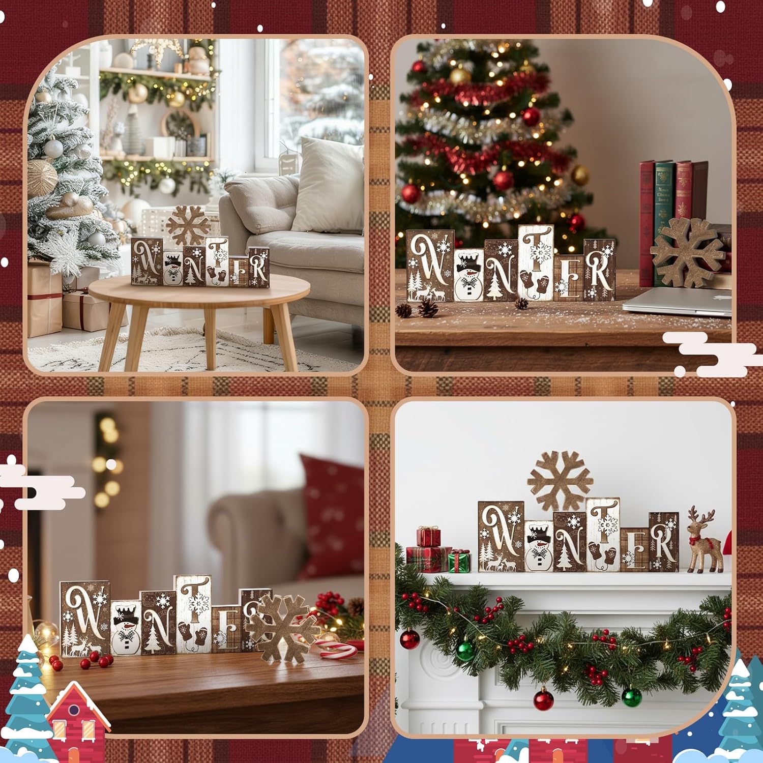Yousoontic 2 Pcs Winter Table Decor Snowman Christmas Table Centerpieces Brown Snowman Tiered Tray Decor Snowflake Block Signs Winter Rustic Decorations for Home Kitchen Office Shelf