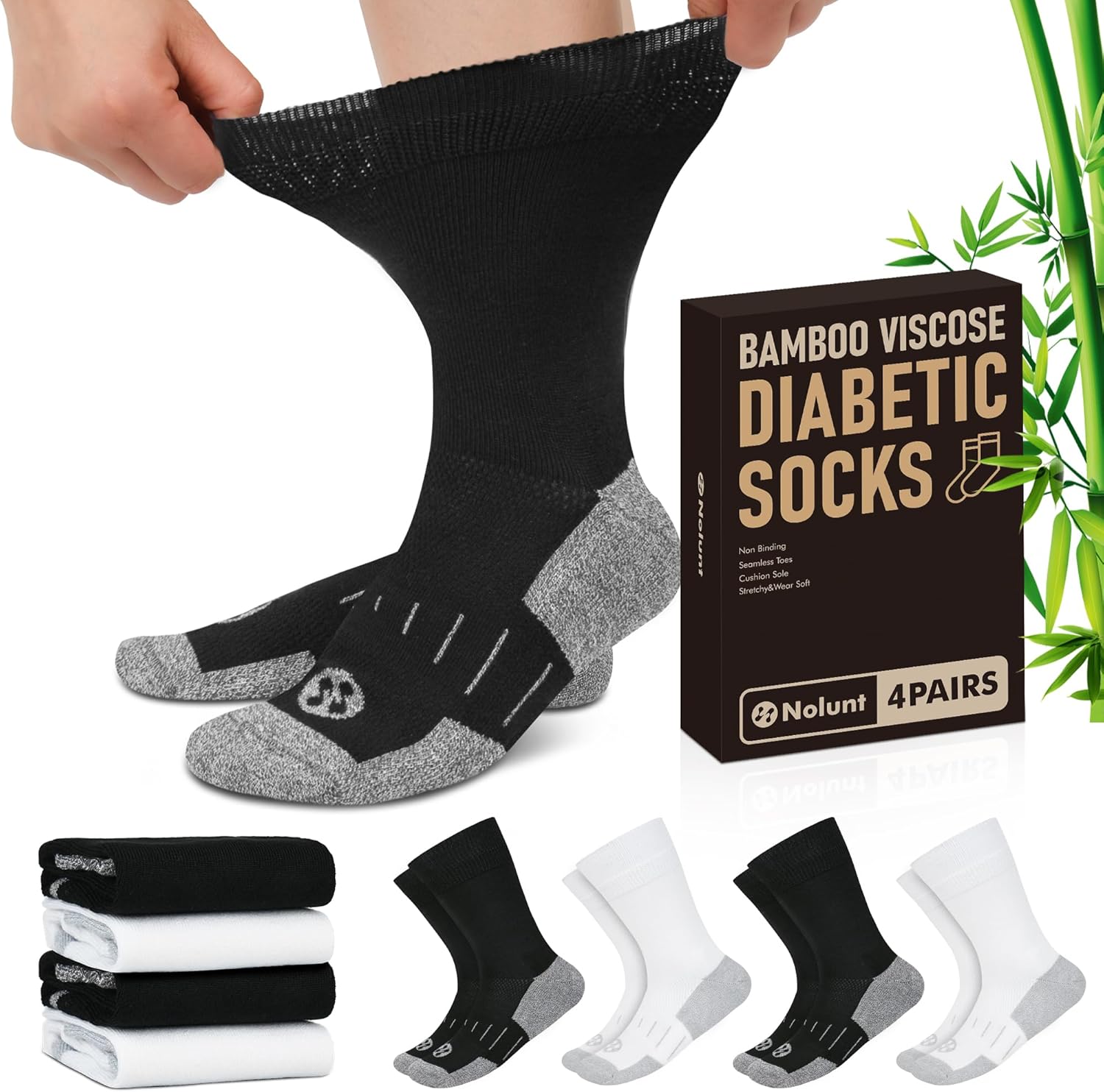 Diabetic Socks for Men,4 Pairs Non Binding Loose Wide Top Crew Socks for Men Size 9-11/10-13/13-15.