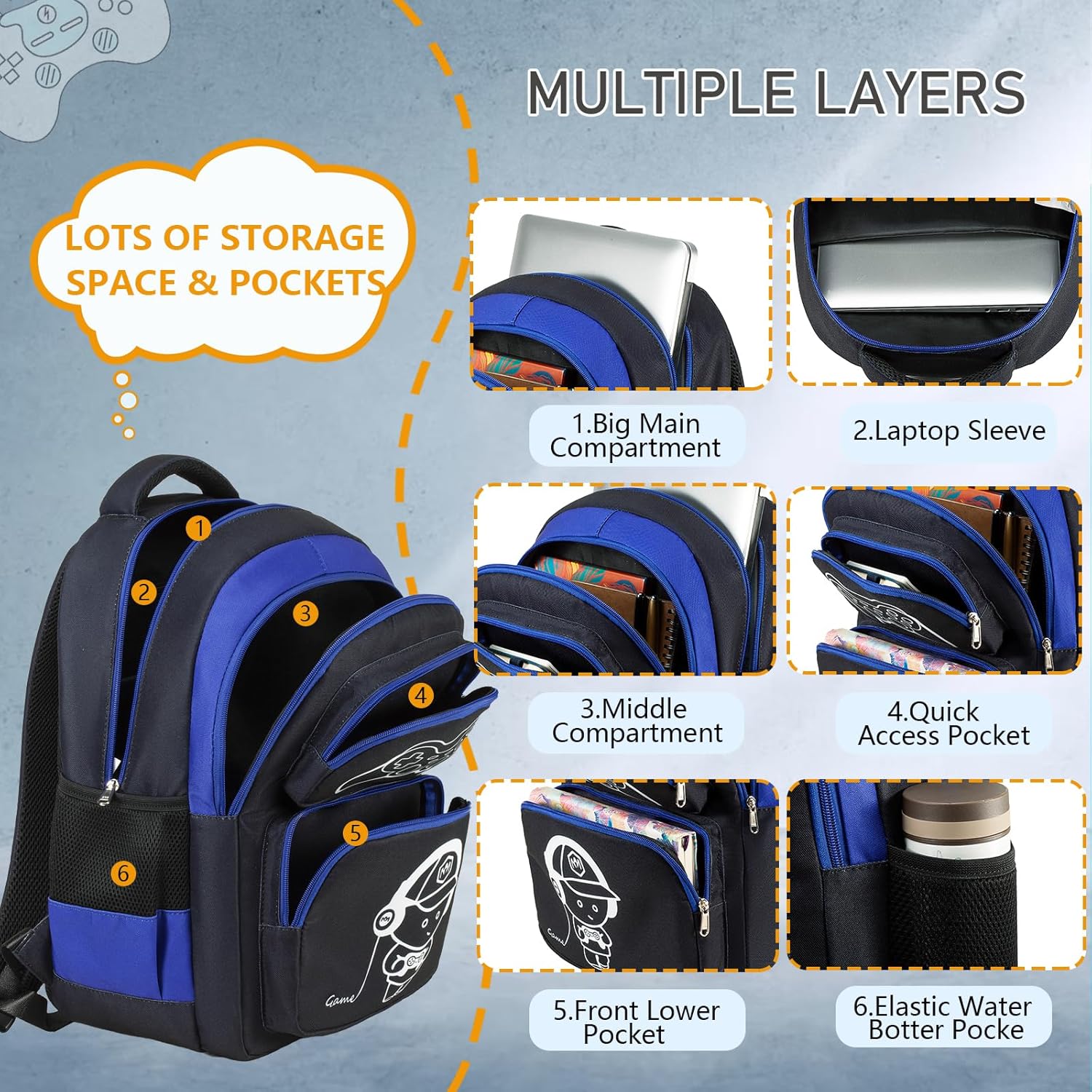 Boys Backpack with Lunch Box Glow in Dark Gamer Bookbag Kids Ages 4-12 Kindergarten Elementary Middle School Gaming Backpack, Luminous Game Boy Black - Image 4