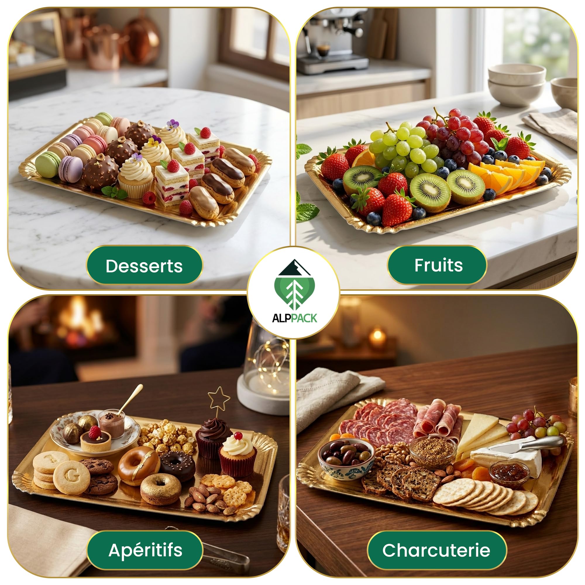 Plateau de Service en Carton Épais Doré 28 × 19 cm – Lot de 100 Plateaux Traiteur Jetables Professionnels – Présentoir Apéritif Buffet – Plateau Jetable pour Buffet, Mariage, Réception et Événement