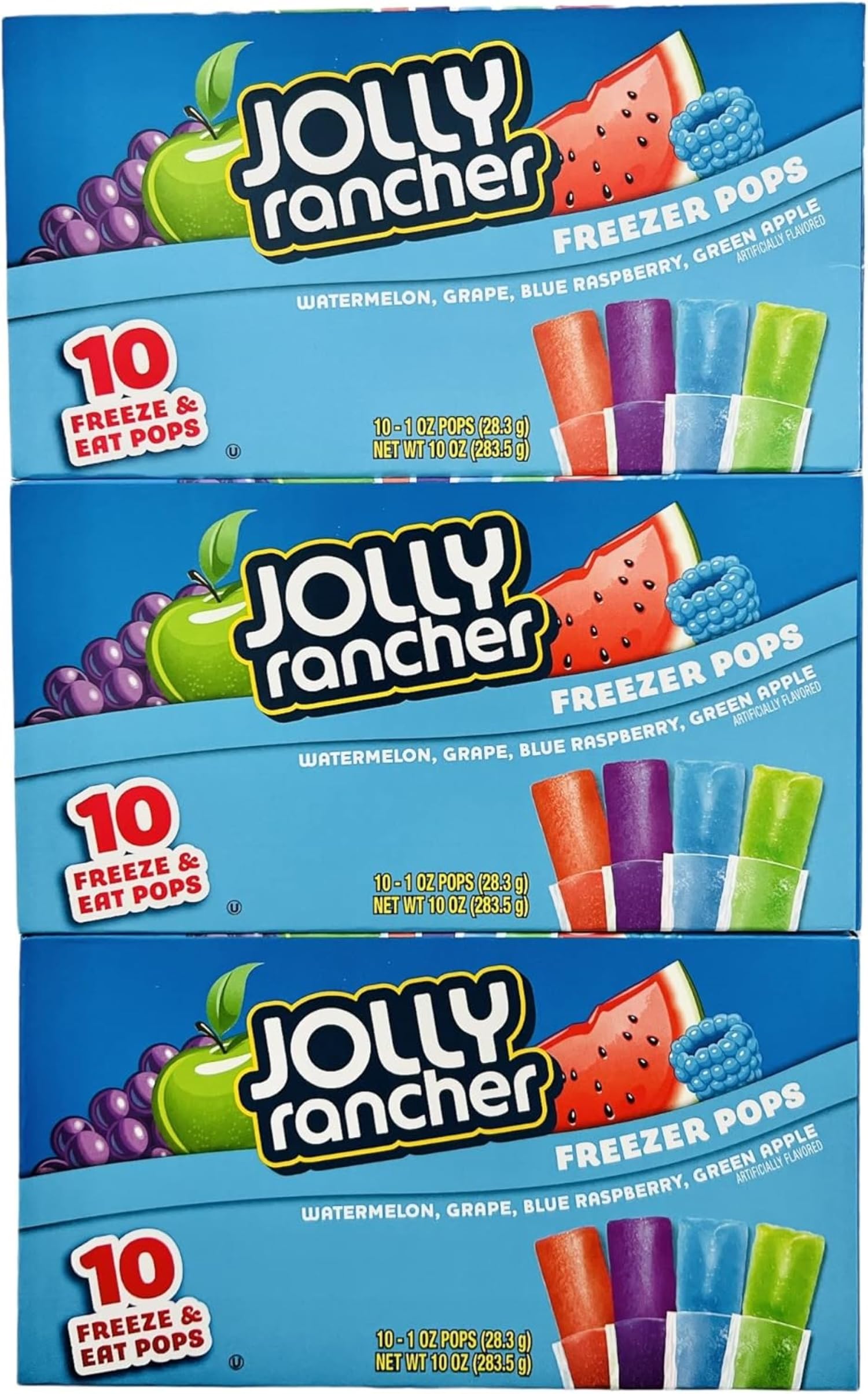 Jolly Rancher Freezer Pops, Watermelon, Green Apple, Grape, Blue Raspberry, 10 Ct (Pack of 3)