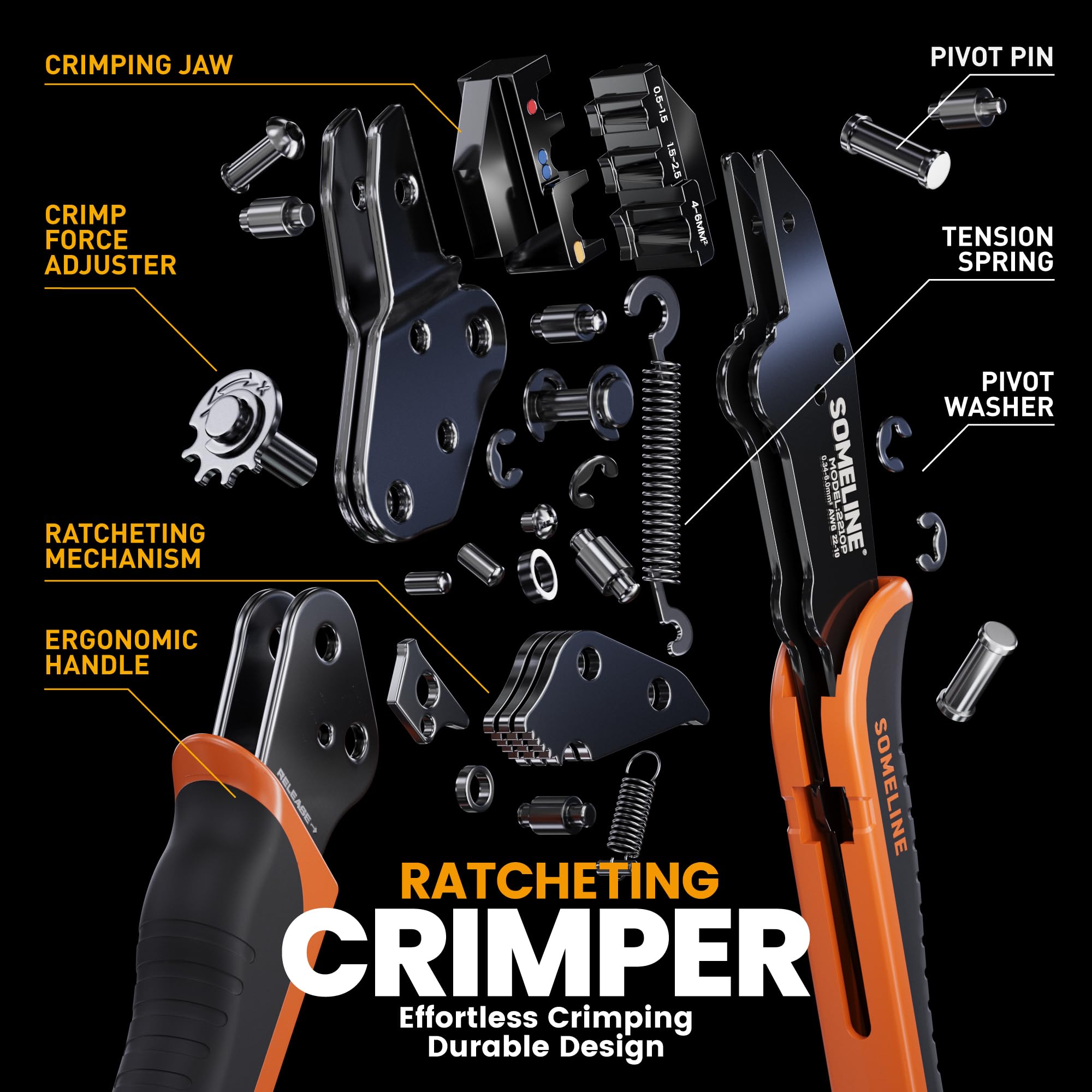 SOMELINE Kit de Crimpadora Terminales Eléctricos, 39 Tipos de Terminales Preaislados, 0,34–6mm² Crimpadora Autoajustable de Trinquete y Pelacables, para Electricista, Automoción y Bricolaje