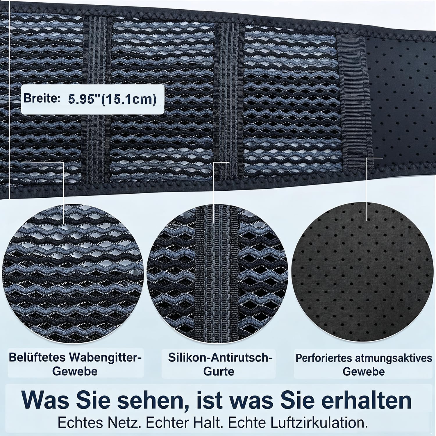 Atmungsaktive Rückenbandage bei Schmerzen im unteren Rücken – leichte Lendenstütze aus 3D-Luftmesh mit doppelt verstellbarem Zugsystem – laches Design für Autofahren - M