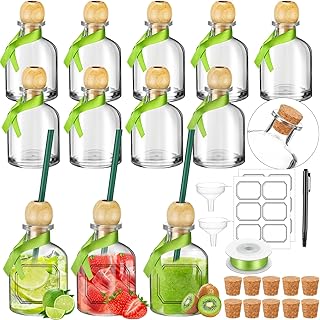 Hushee 12 Pcs 50 ml /1. 7 oz Empty Patron Bottles with Straw Mini Tequila Bottles for Drinks Reusable Shot Glass Cups with Green Ribbon for Wedding Party Favor Personalized Decoration