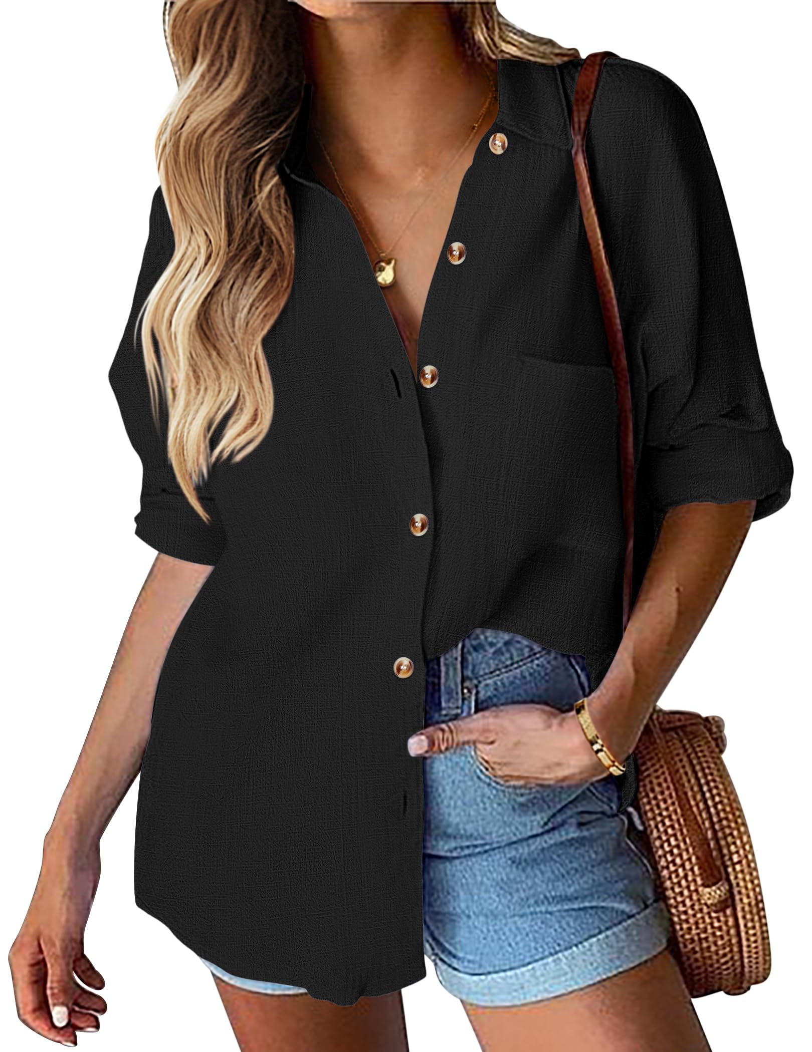 Hotouch Bluse Damen Lässiges Hemden Langarm Hemdbluse V-Ausschnitt Oberteile mit Knöpfen Casual Arbeit Shirt Lose Einfarbig Blusen Tops S-XXL