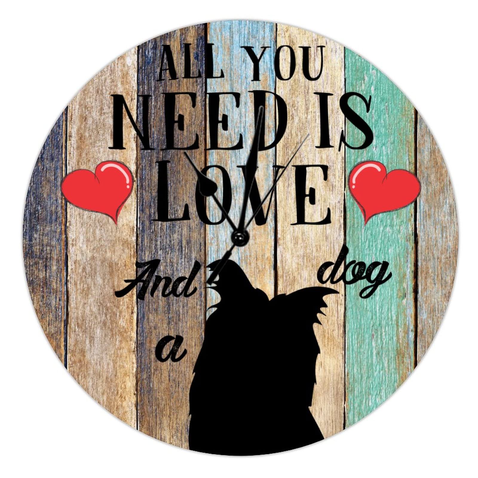 Horloge murale chien All You Need Is Love en bois silencieuse pour la maison