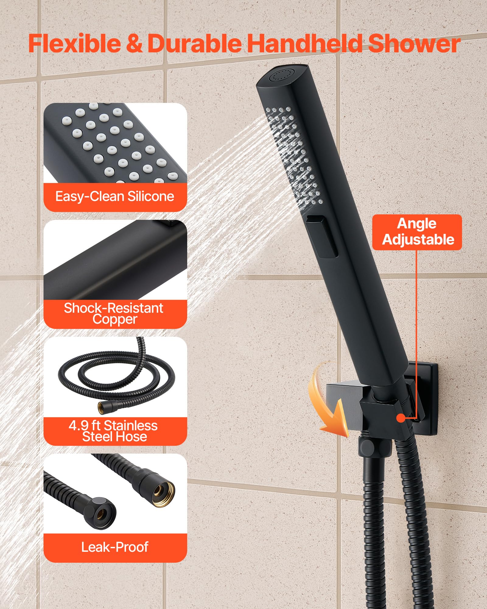 VEVOR Sistema de Ducha, Incluye Ducha de Lluvia de 25,4 cm, Cabezal de Pared de 15,24 cm, Cabezal de Lluvia Doble Giratorio 3 Funciones, Válvula de Latón y Kit de Embellecedor, Color Negro Mate