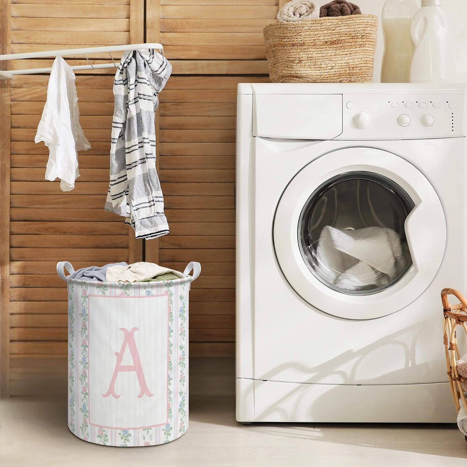 Coquette Pink Initial Letter A Laundry Hamper Basket, Grandmillennial Baby Girl Decor Dirty Clothes Hamper, Floral Nursery Decor Collapsible Laundry Bin Organizer Storage Basket, 13.8x17.8 Inch image 3