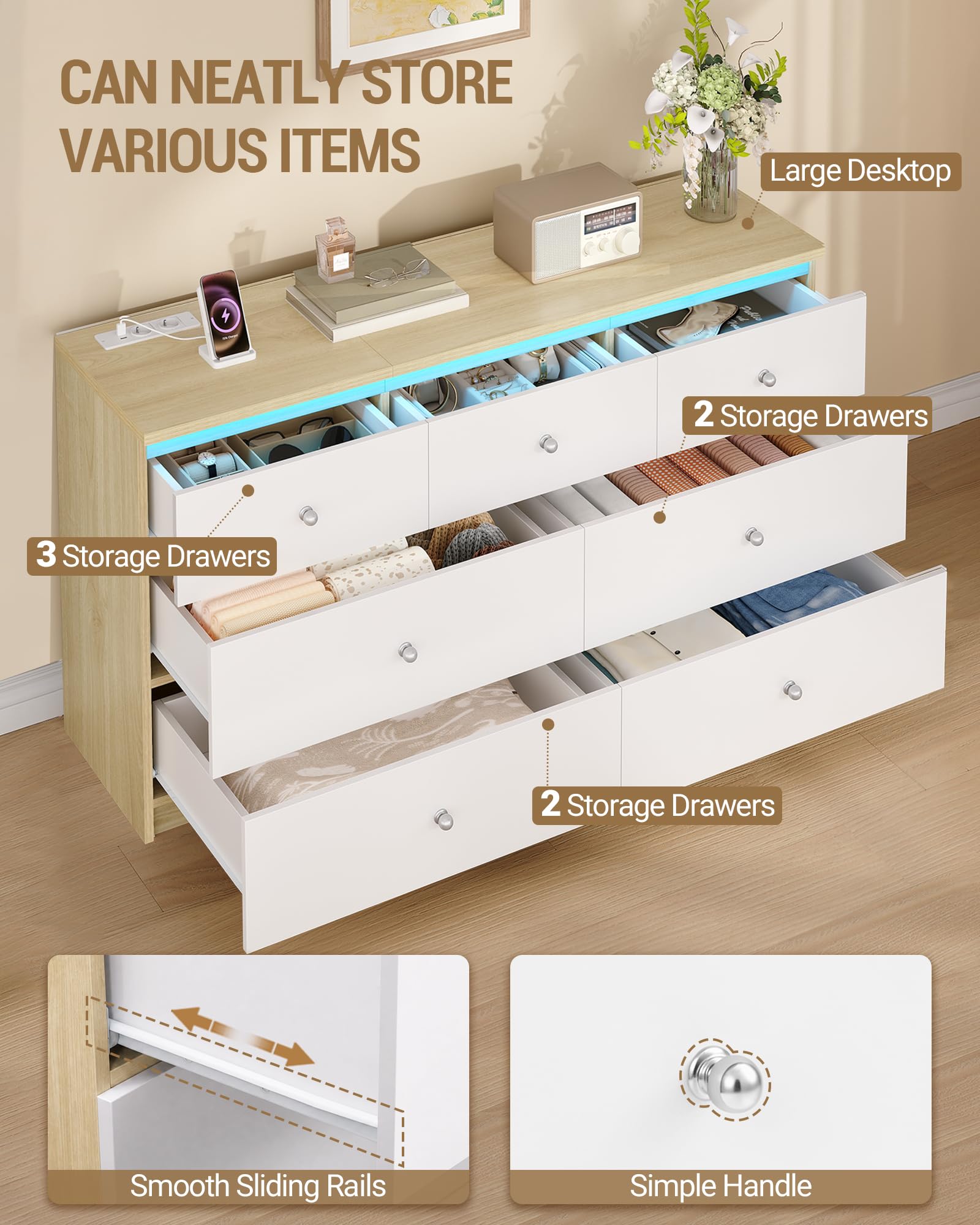 Hzuaner Cómoda Equipada con LED y Regleta de eEnchufes, 7 Cajones, 140 cm