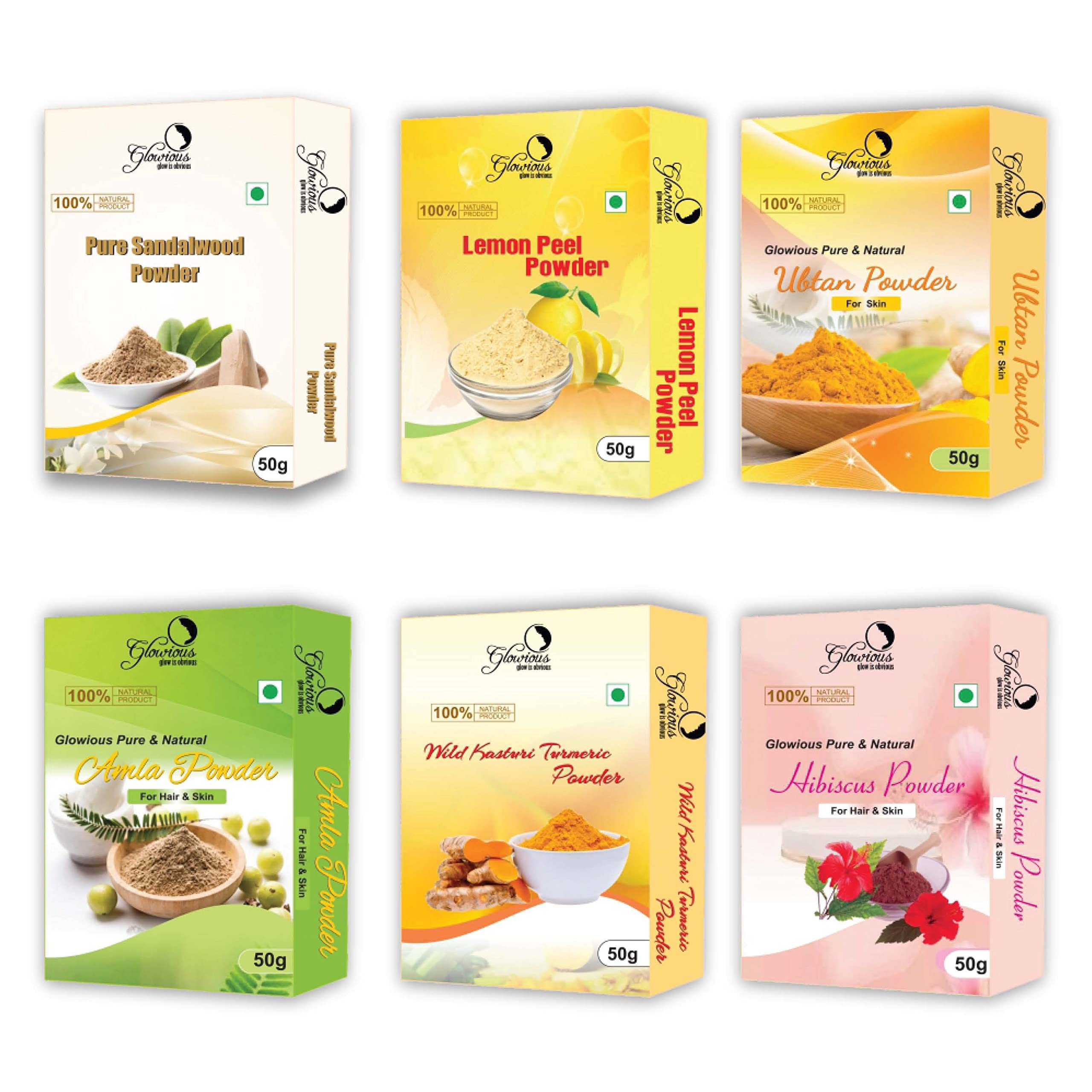 Glowious Skincare Combo Pack - 6 Natural Powders (Sandalwood, Kasturi Turmeric, Lemon Peel, Amla, Hibiscus & Ubtan) 300g | Pure Radiance & Nourishment | Herbal Beauty Essentials